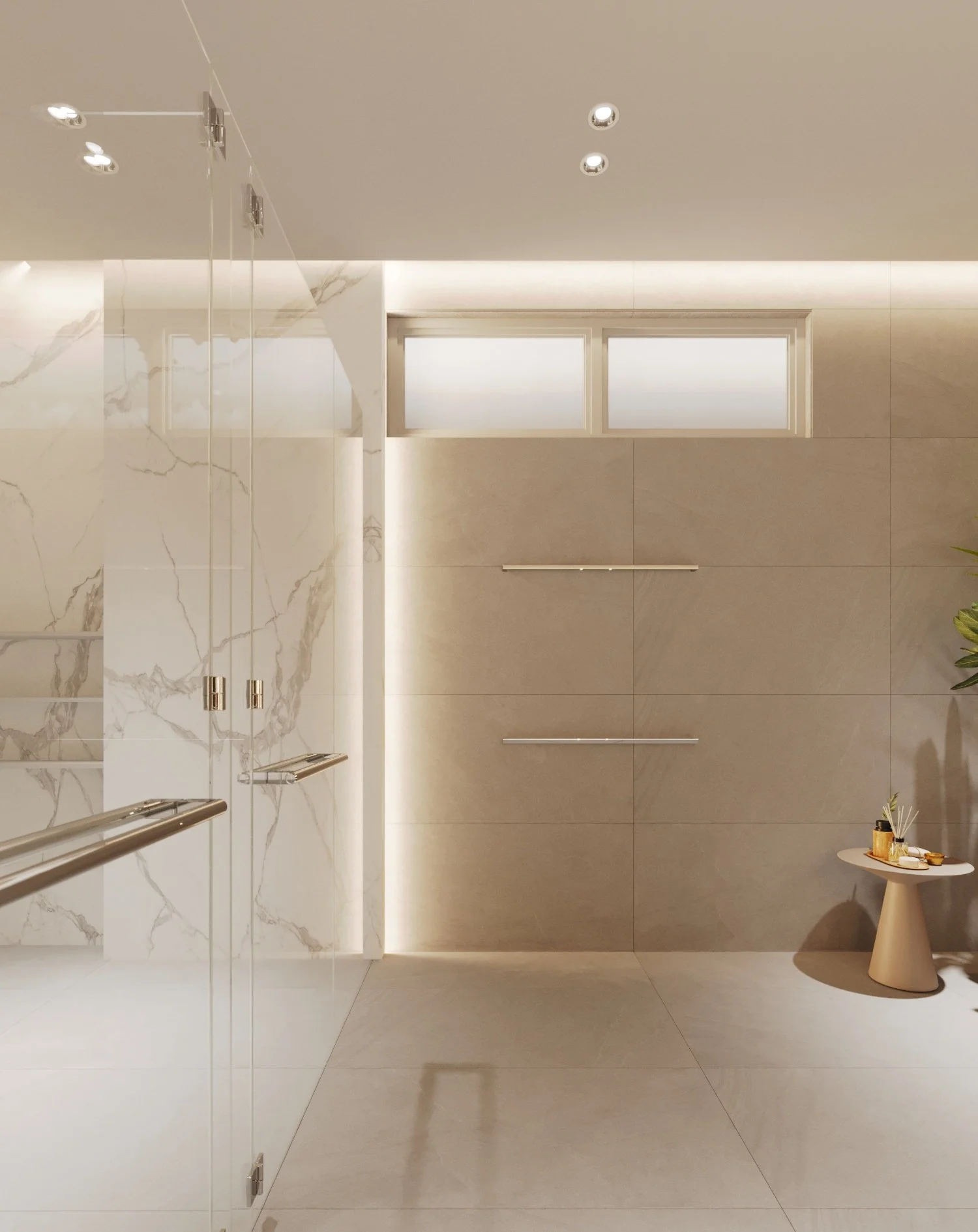Minimalist bathroom with beige and marble walls, small window, and a side table with decor.