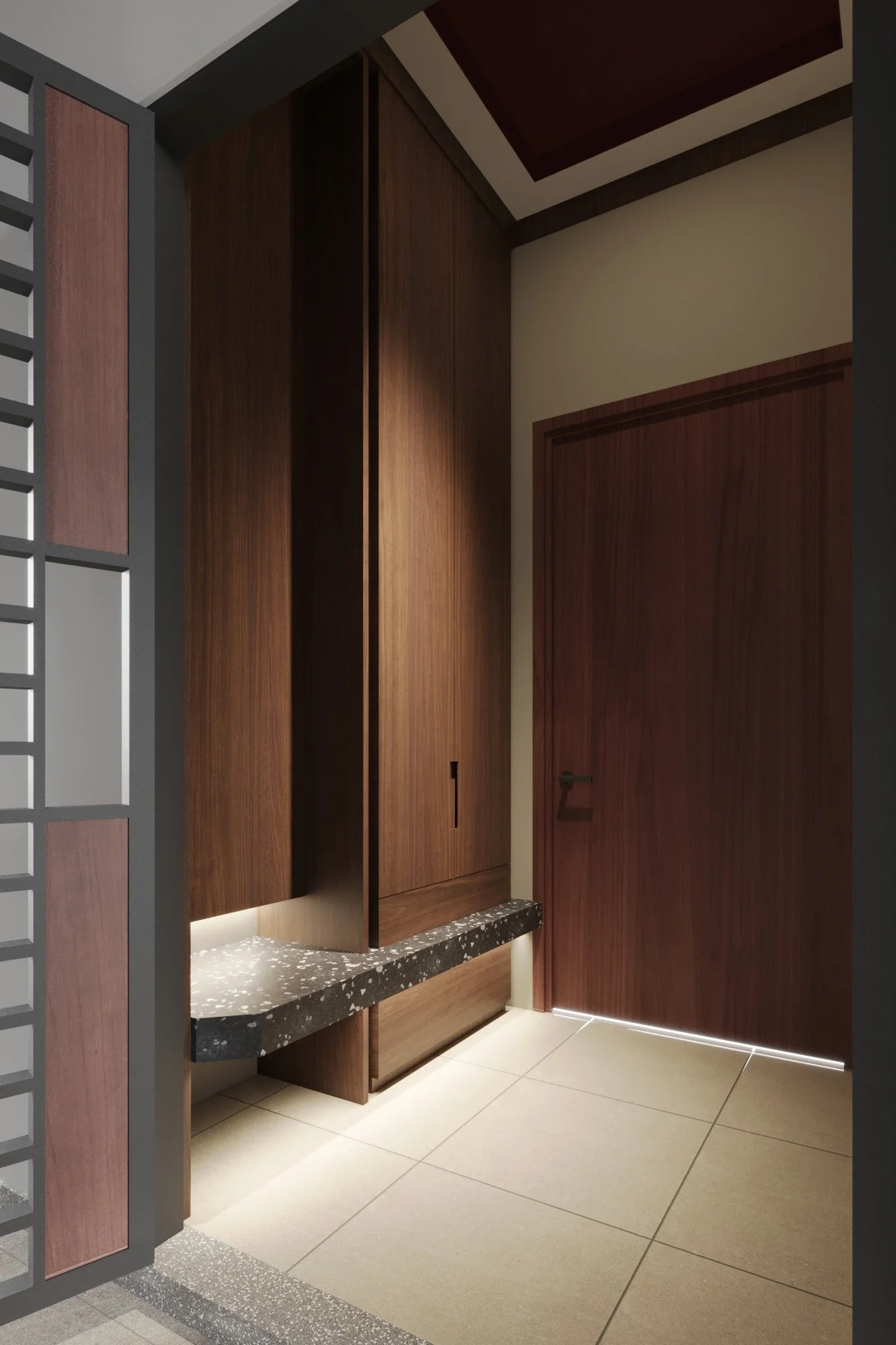 Interior view of a hallway corner with wooden paneling, a wooden door, and a black and white terrazzo bench along the wall, illuminated by soft lighting.