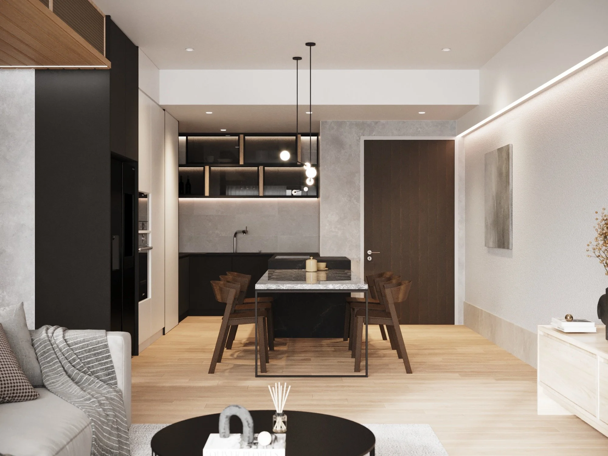 Modern kitchen and dining area with black and white cabinets, a marble-top island, wooden dining chairs, pendant lighting, and minimalist decor.