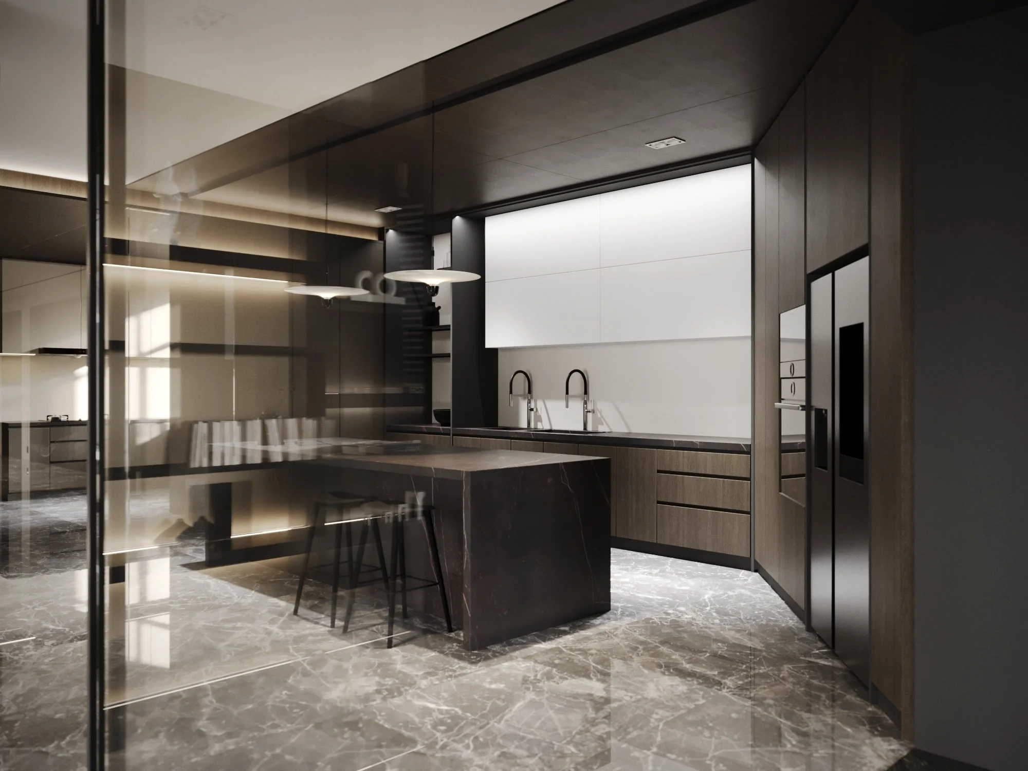 Modern kitchen with dark cabinetry, marble floor, and minimalist design, featuring a kitchen island with bar stools, double sink, and built-in appliances.