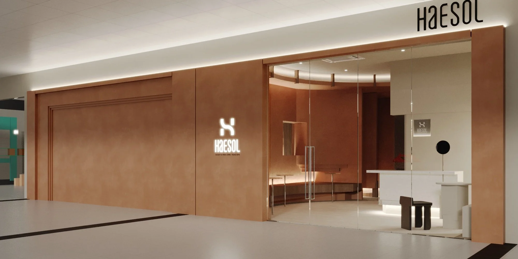 Modern salon entrance with glass doors and wood paneling, featuring the HAESOL logo and signage.