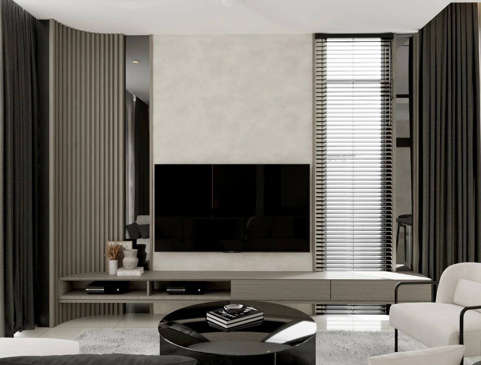 Modern living room with a wall-mounted flat-screen TV, black and white color scheme, wooden paneling, and large windows with horizontal blinds.