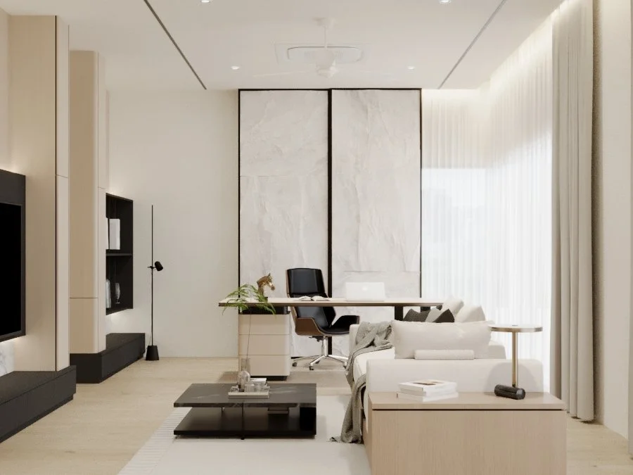 Modern living room with a white sofa, a black office chair, a PC on a desk, a low coffee table, and a wall-mounted TV, with light wood flooring and curtains.