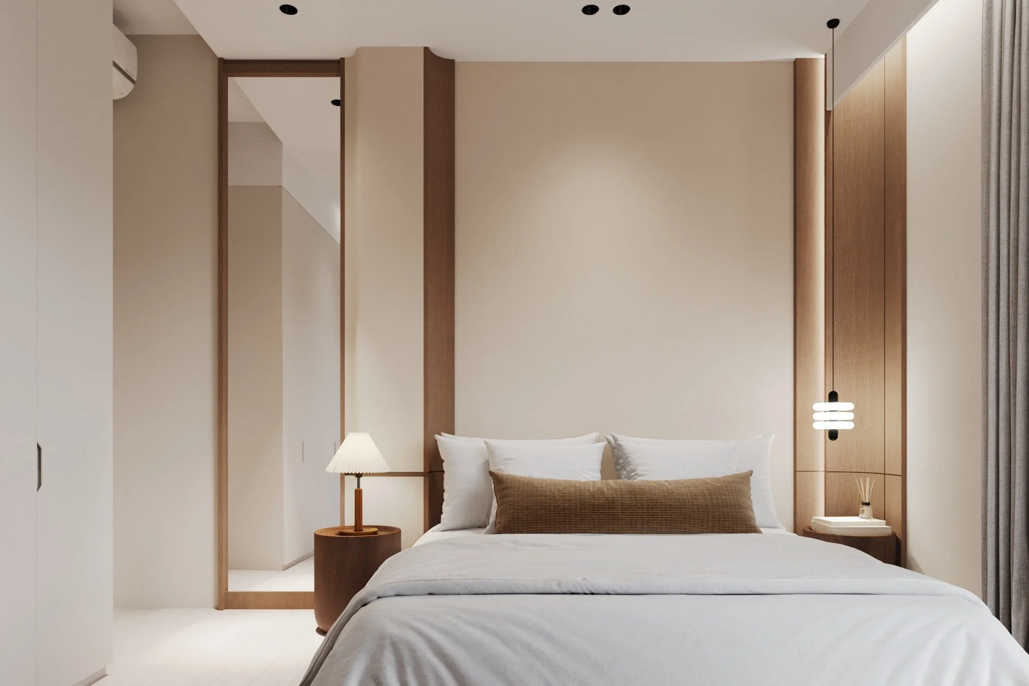 Modern bedroom with a bed, white bedding, and pillows, wooden side tables with lamps, and a mirror, in a minimalistic design.