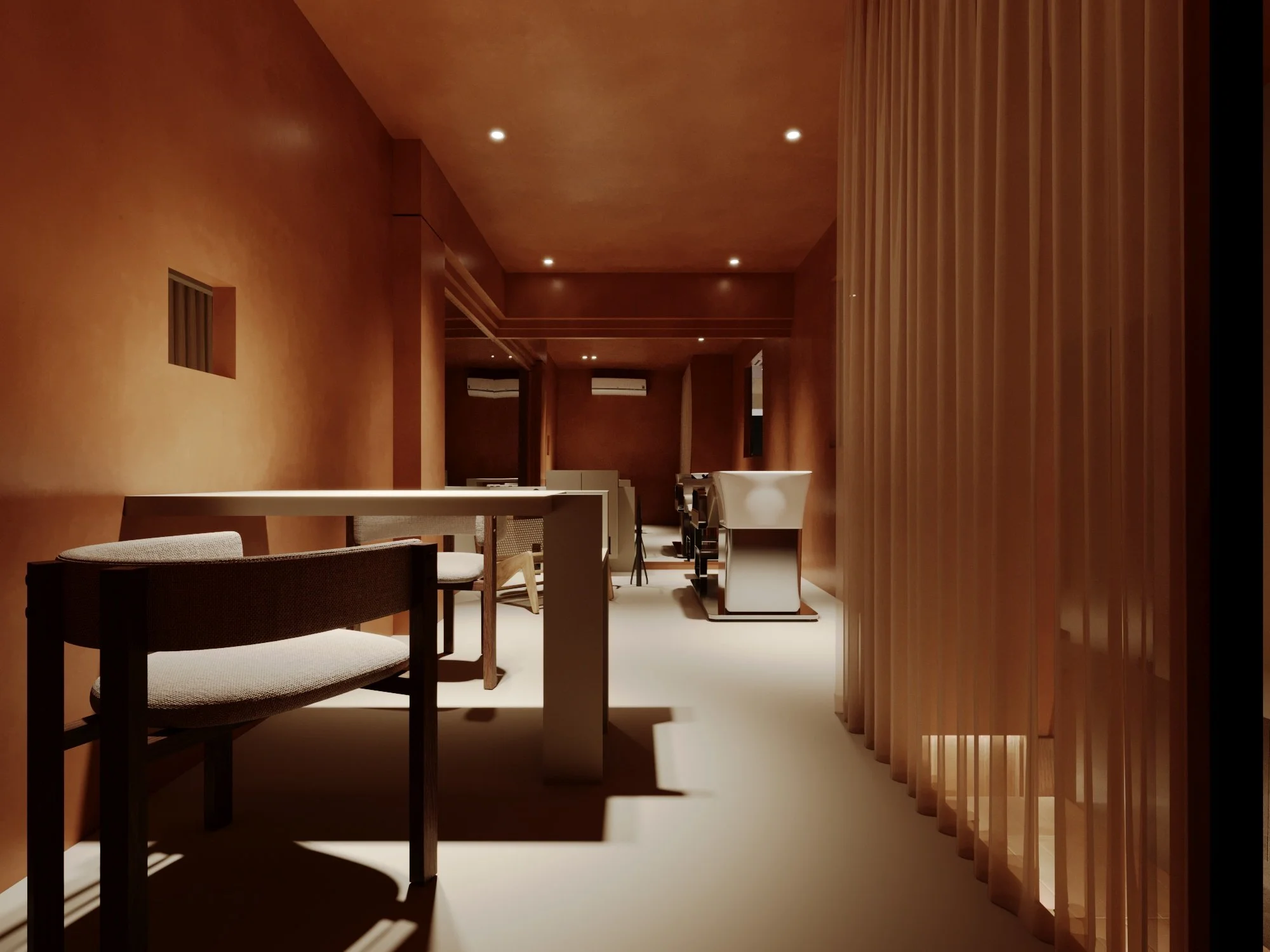 Modern interior room with soft lighting, beige and brown tones, a white table, and chairs near a beige curtain.