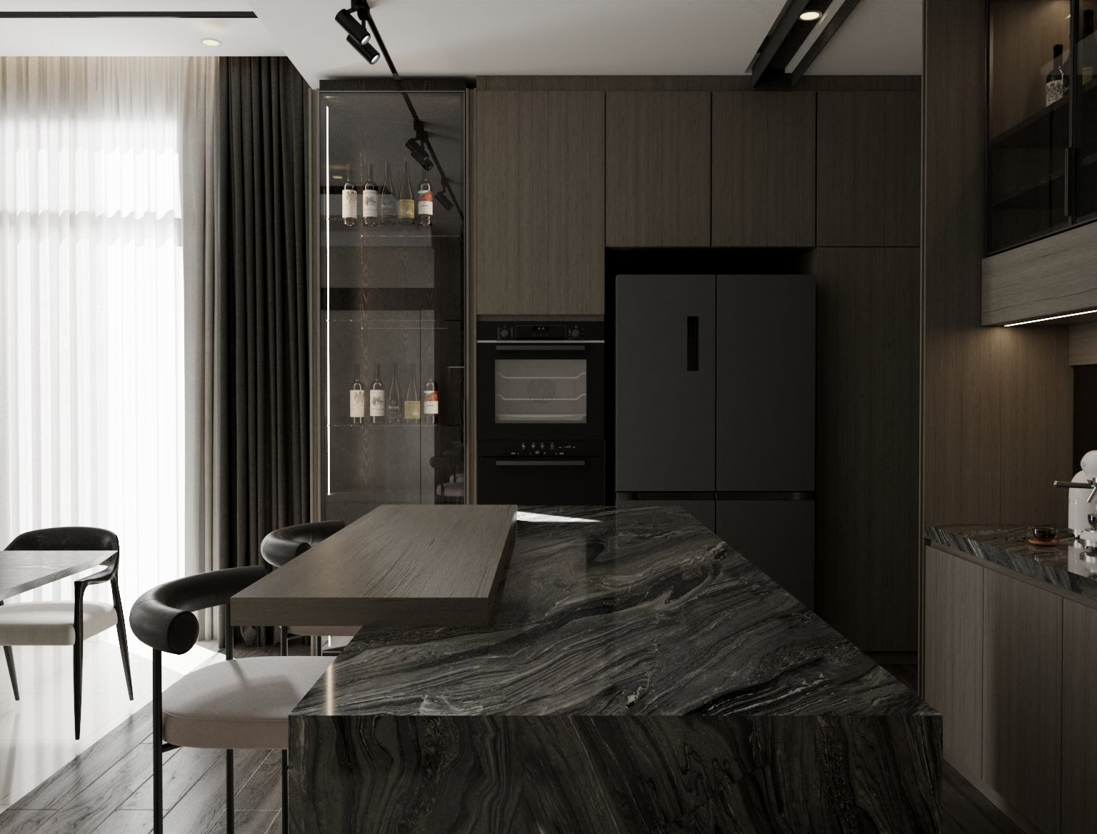 Modern kitchen with black and wooden cabinetry, marble island, and bar seating.