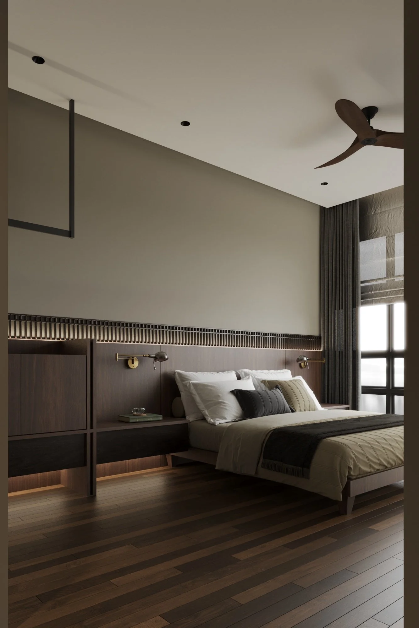 Modern bedroom with a large bed, dark wood headboard, and decorative pillows. Gold reading lights are mounted on the headboard. There are floor-to-ceiling curtains and large windows allowing natural light. The room has a minimalist design with a wood