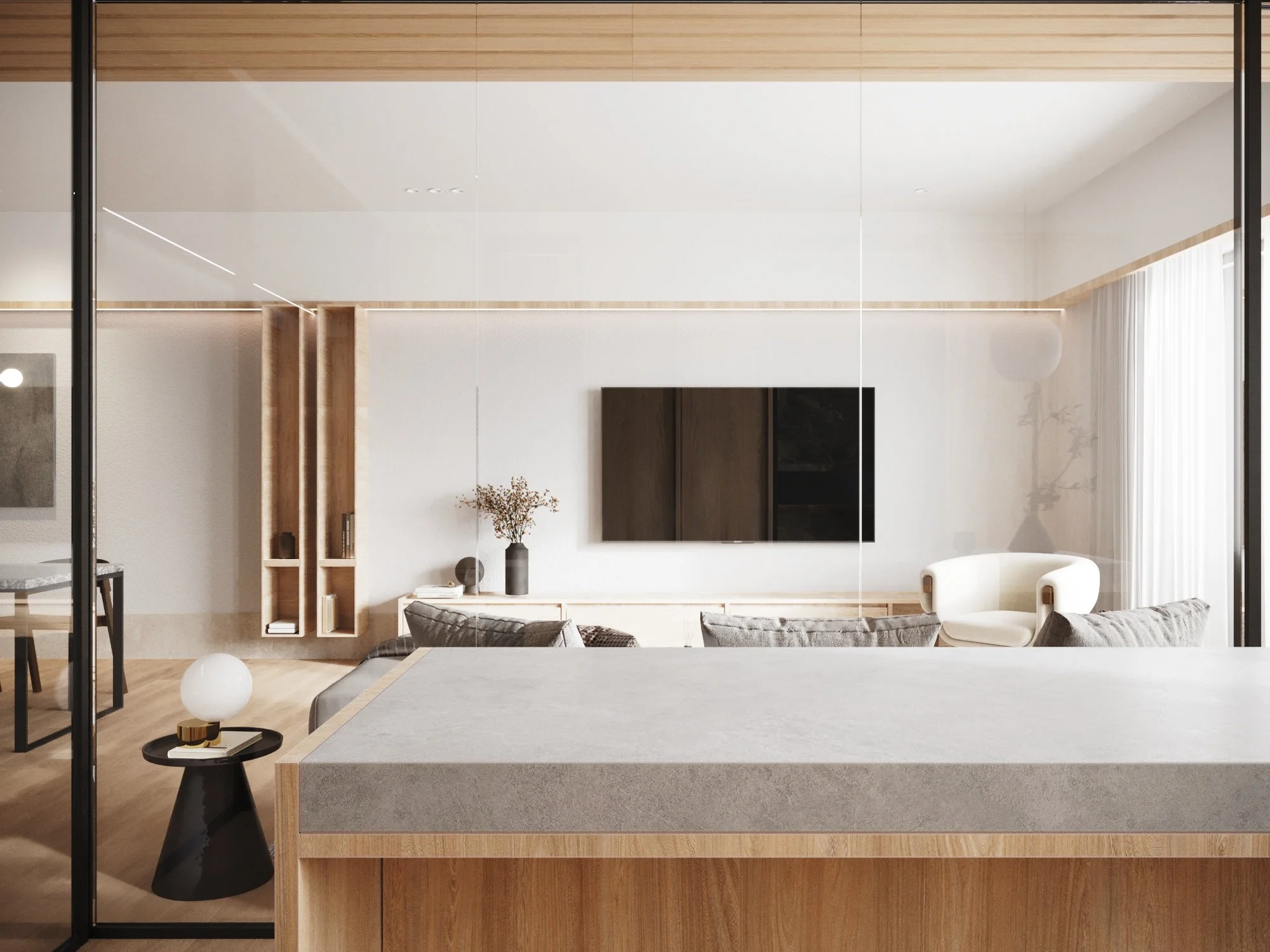 Modern living room with a wall-mounted TV, wooden shelves, a white armchair, a sofa, and large windows with white curtains.