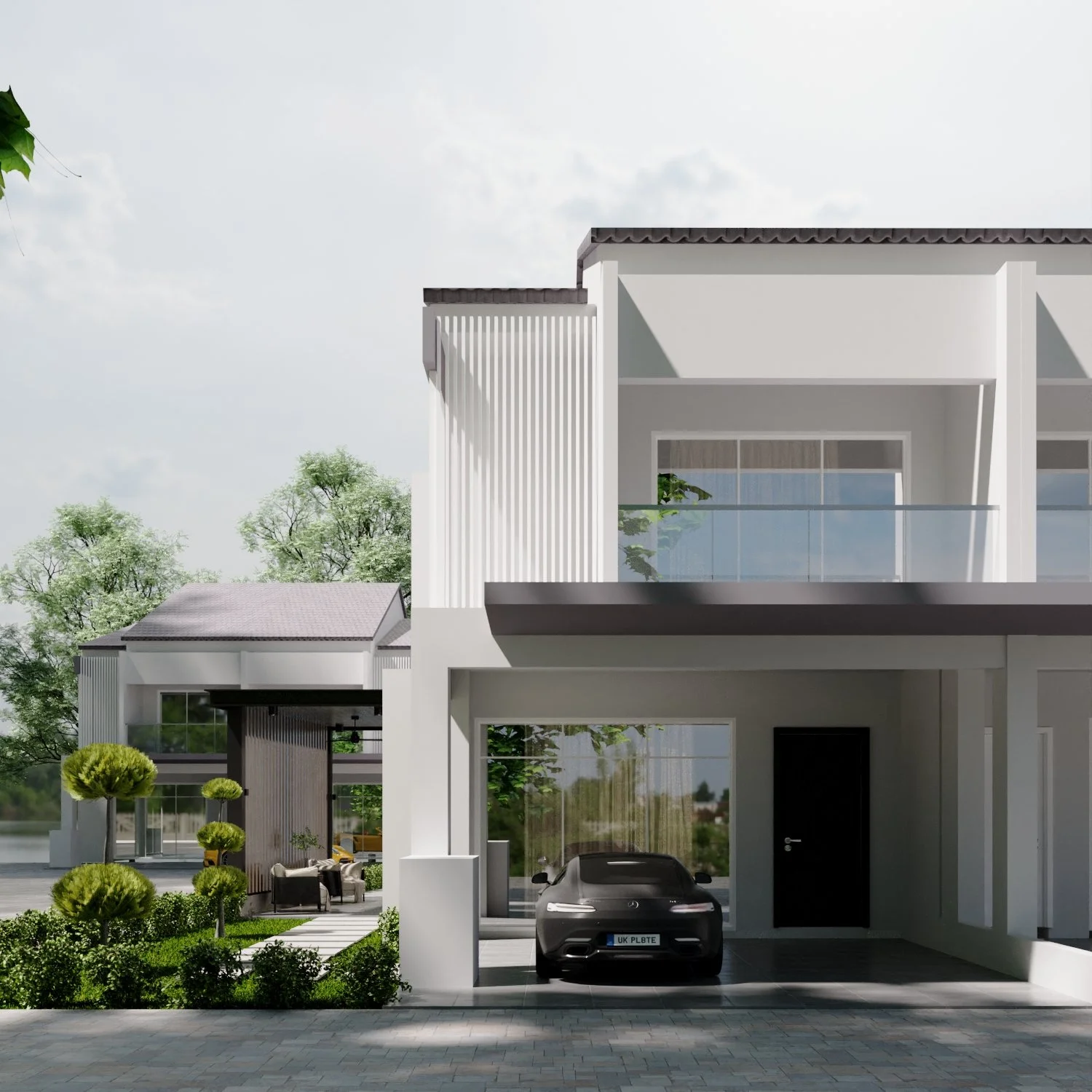 Modern white two-story house with large windows, balcony, and a black sports car parked in the garage.