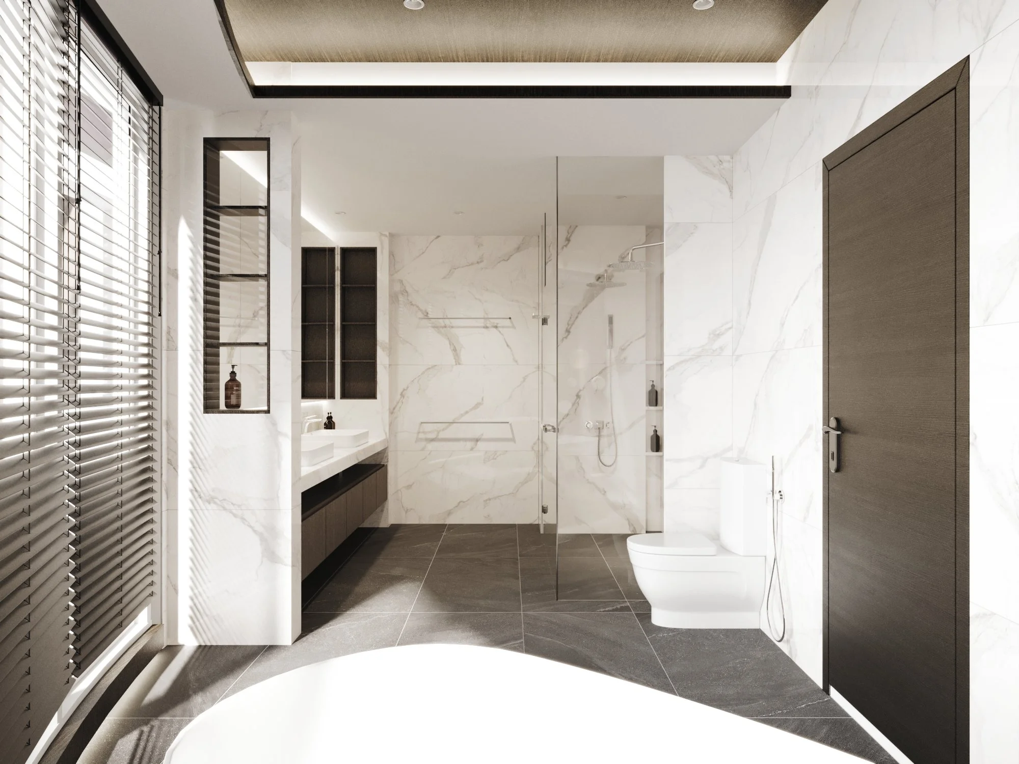 Modern bathroom with white marble walls, dark wood accents, a shower area with glass partition, a white toilet, a double vanity with sinks, decorative bottles, and large windows with wooden blinds.