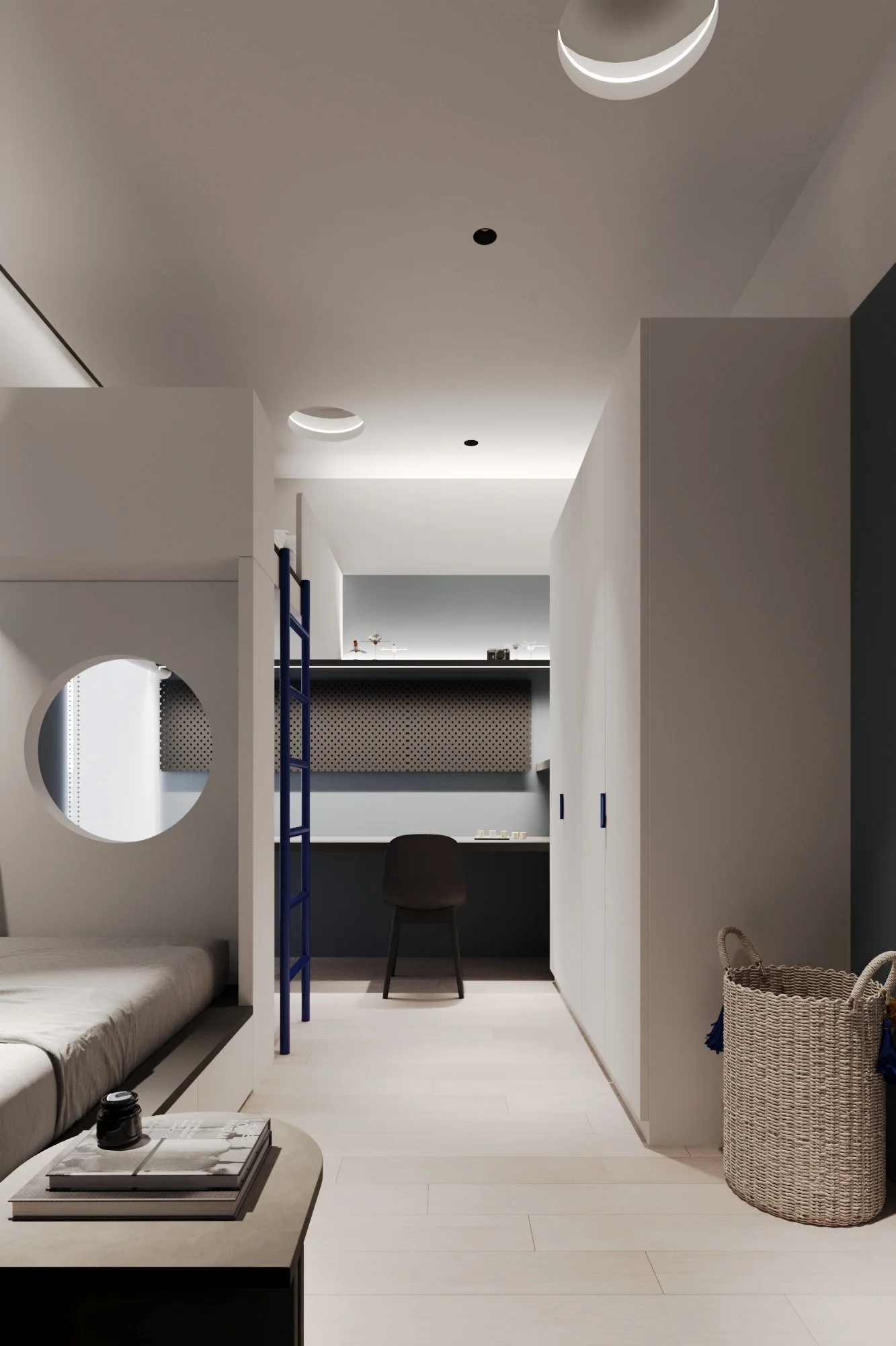 A minimalist room with a white ceiling and walls, featuring geometric design elements like a circular mirror and a blue ladder. There is a dark-colored desk and chair at the back, with a basket on the floor to the right and a small table with magazin