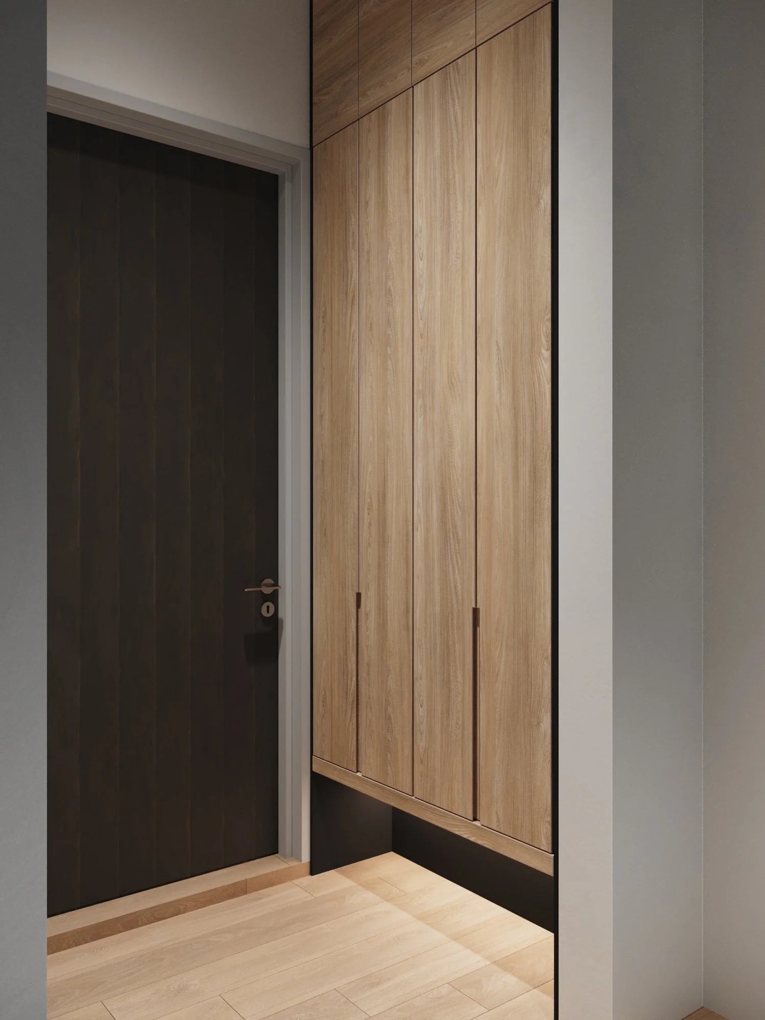 Interior hallway with black door and wooden closet with sleek handles.