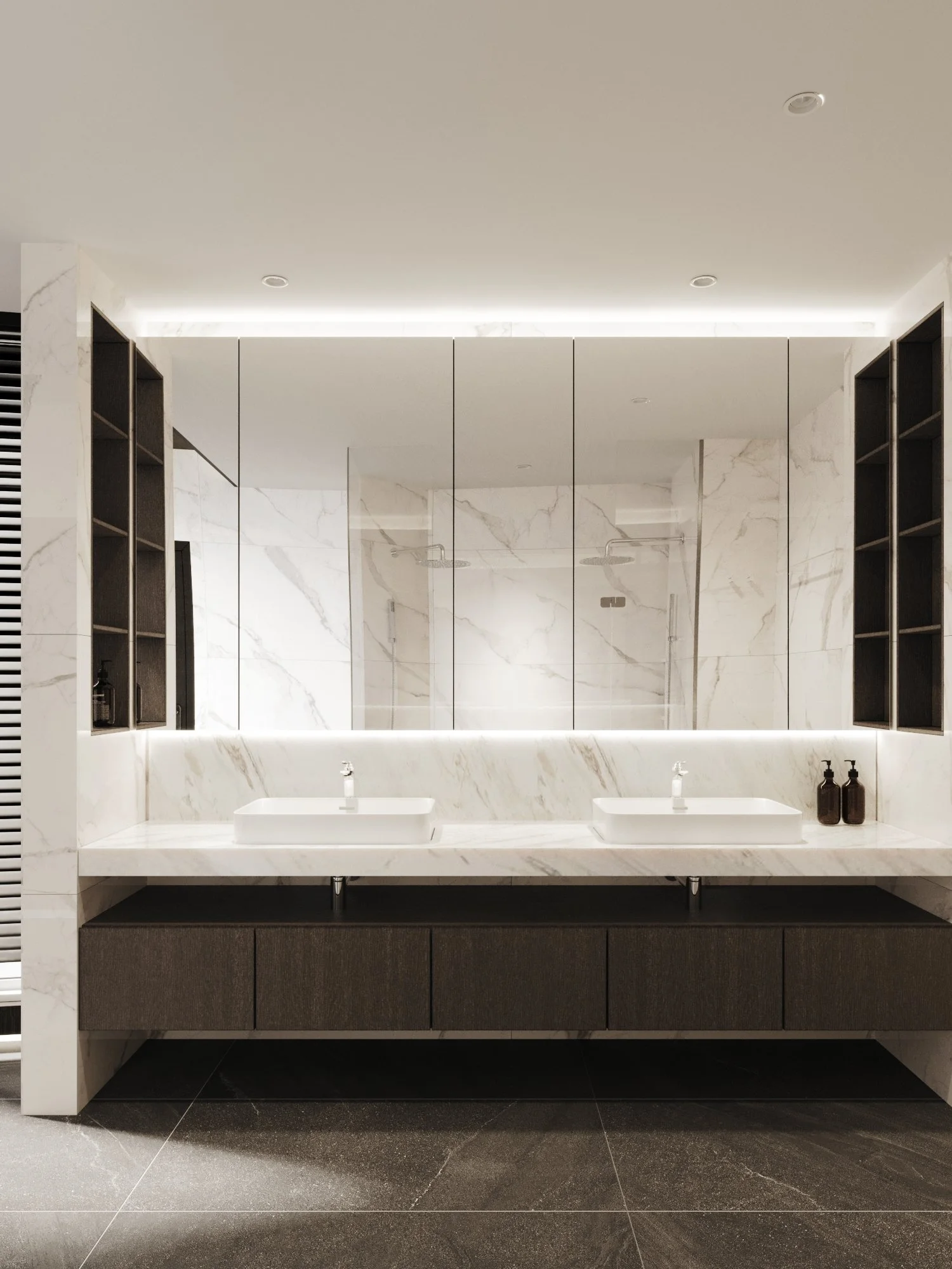Modern bathroom with double sinks, large mirror, marble countertops, dark vanity, and wall-mounted shelving.