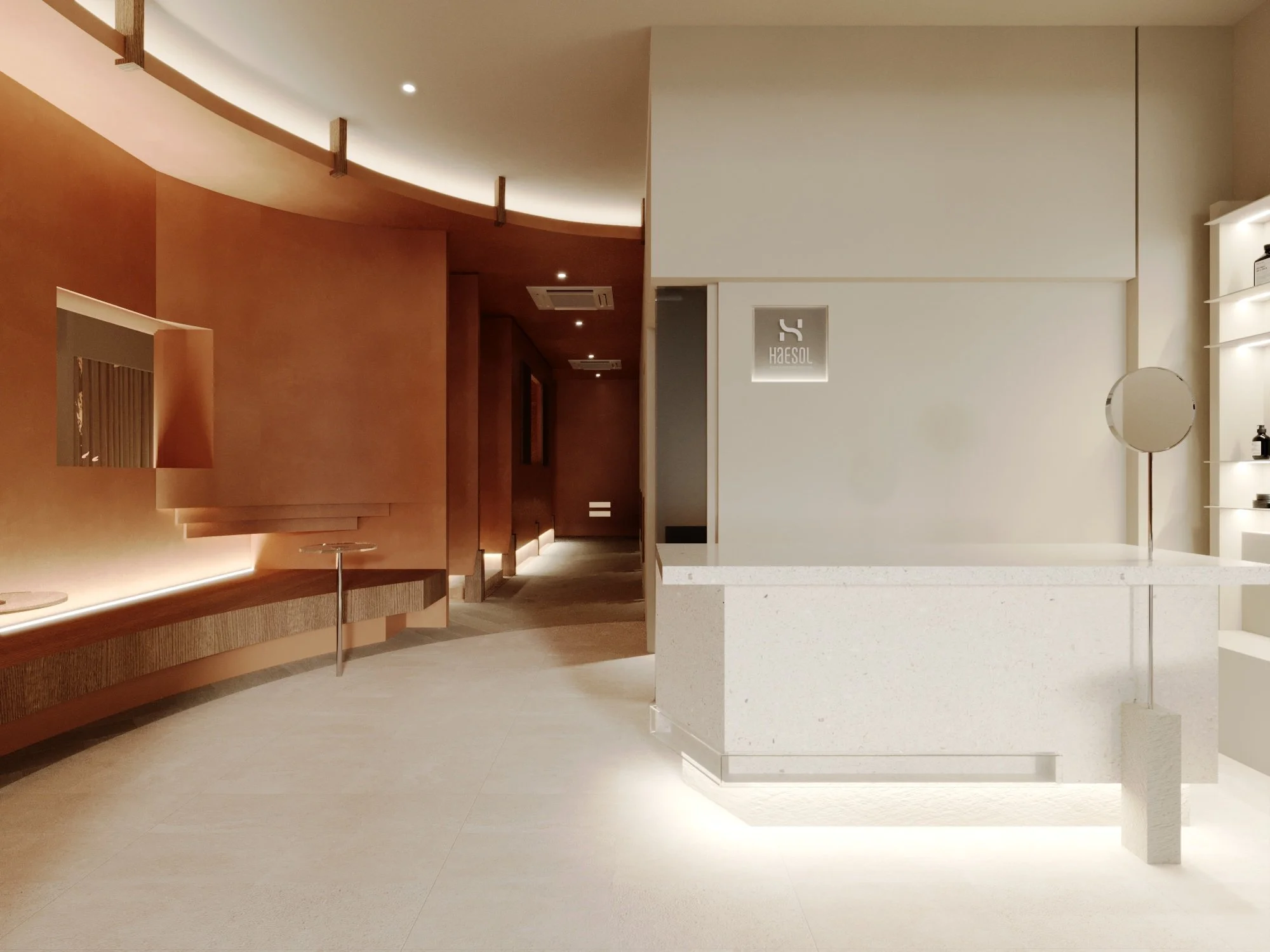 Modern interior with a curved wooden wall, bright lighting, and a white reception desk with a small mirror on a stand.