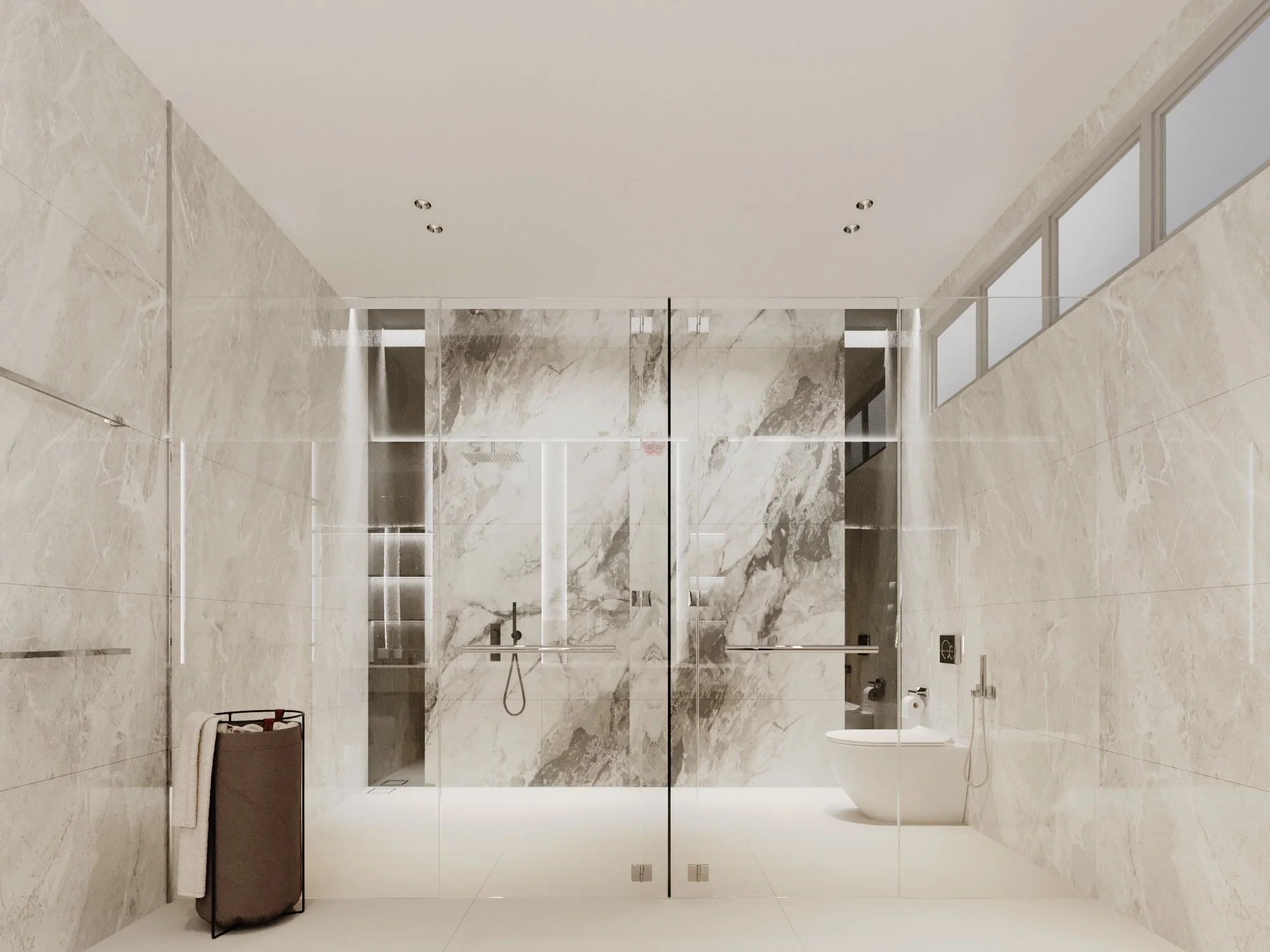 Modern bathroom with marble walls, glass shower enclosure, a bidet, and a laundry cart.