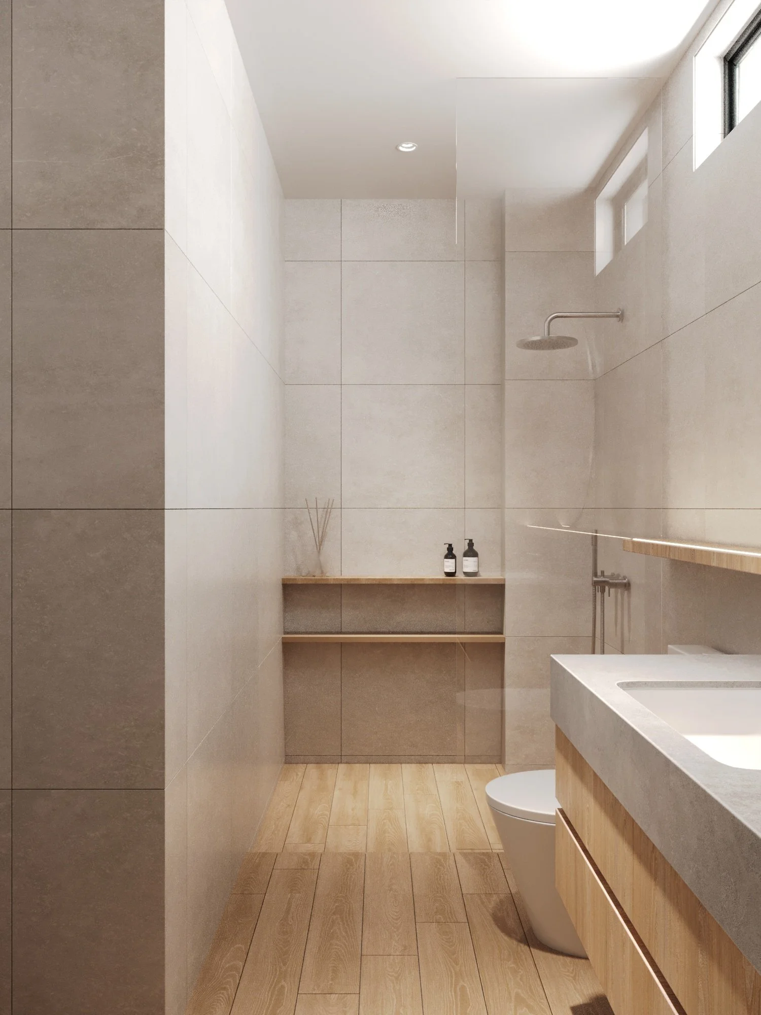 Minimalist modern bathroom with beige tiled walls, wooden accents, a floating vanity with a sink, a toilet, and a walk-in shower with a rainfall showerhead, small high windows for natural light.