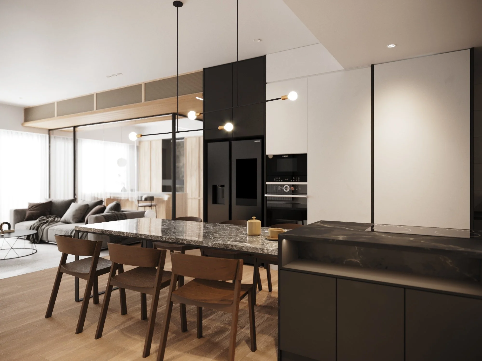 Modern open-plan kitchen with black and white cabinetry, a marble island with four wooden chairs, and a living area with a beige sofa and large windows with white curtains.