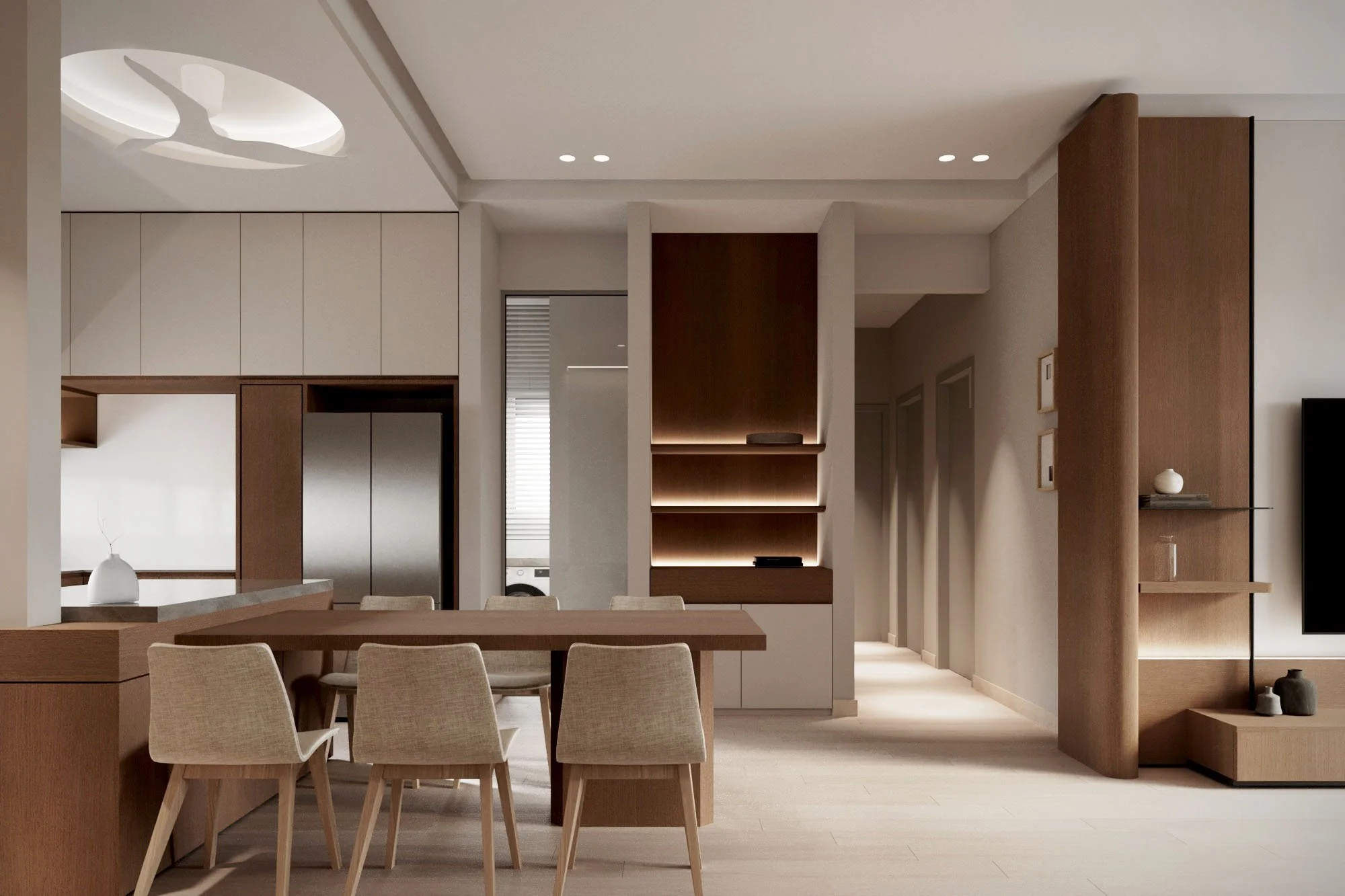 Modern open-concept living and dining area with neutral tones, a wooden dining table with six chairs, built-in shelving, and a hallway with multiple doors.