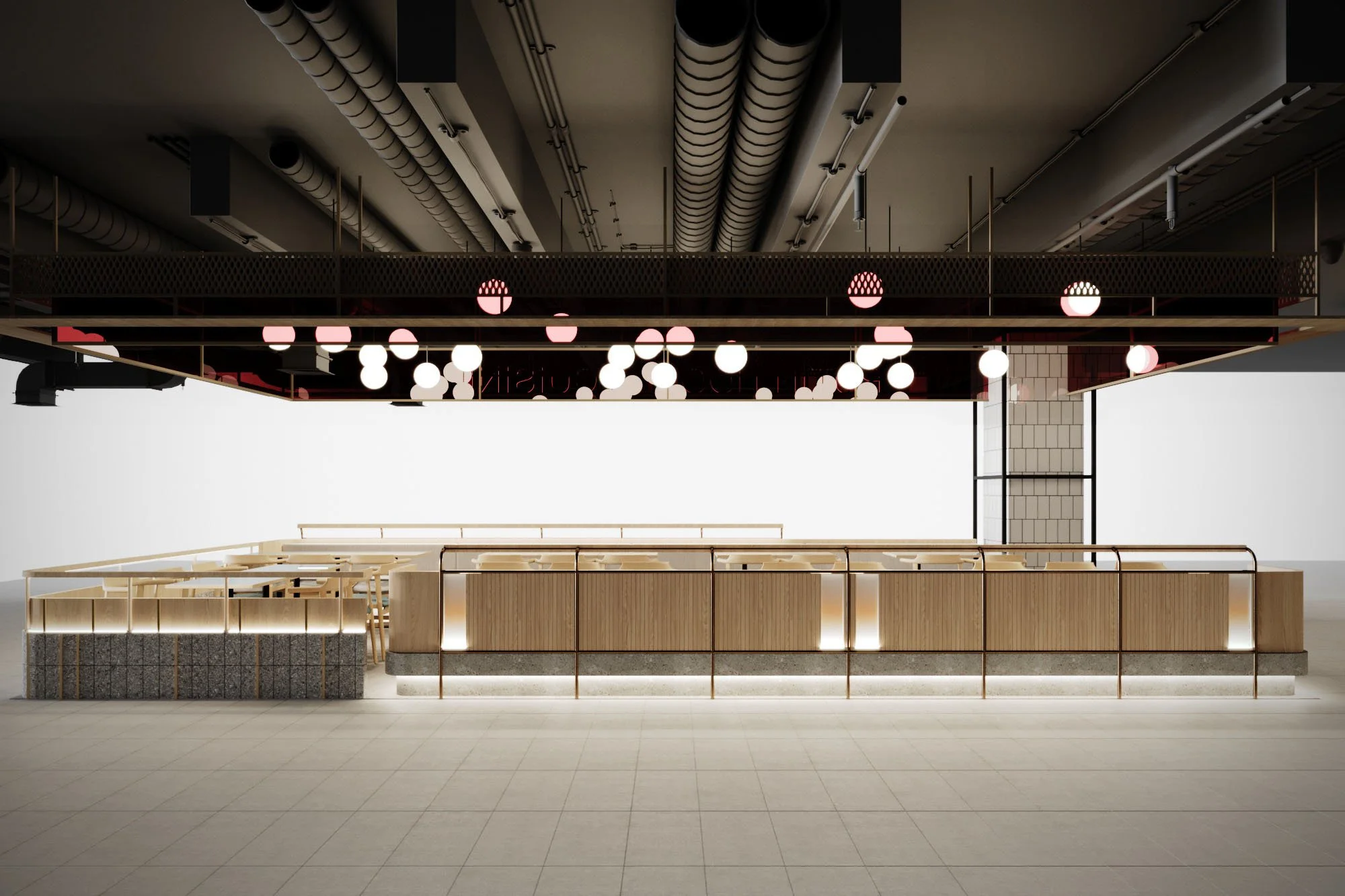 Modern indoor space with a sleek wooden reception desk and hanging spherical pendant lights, with exposed ceiling pipes.