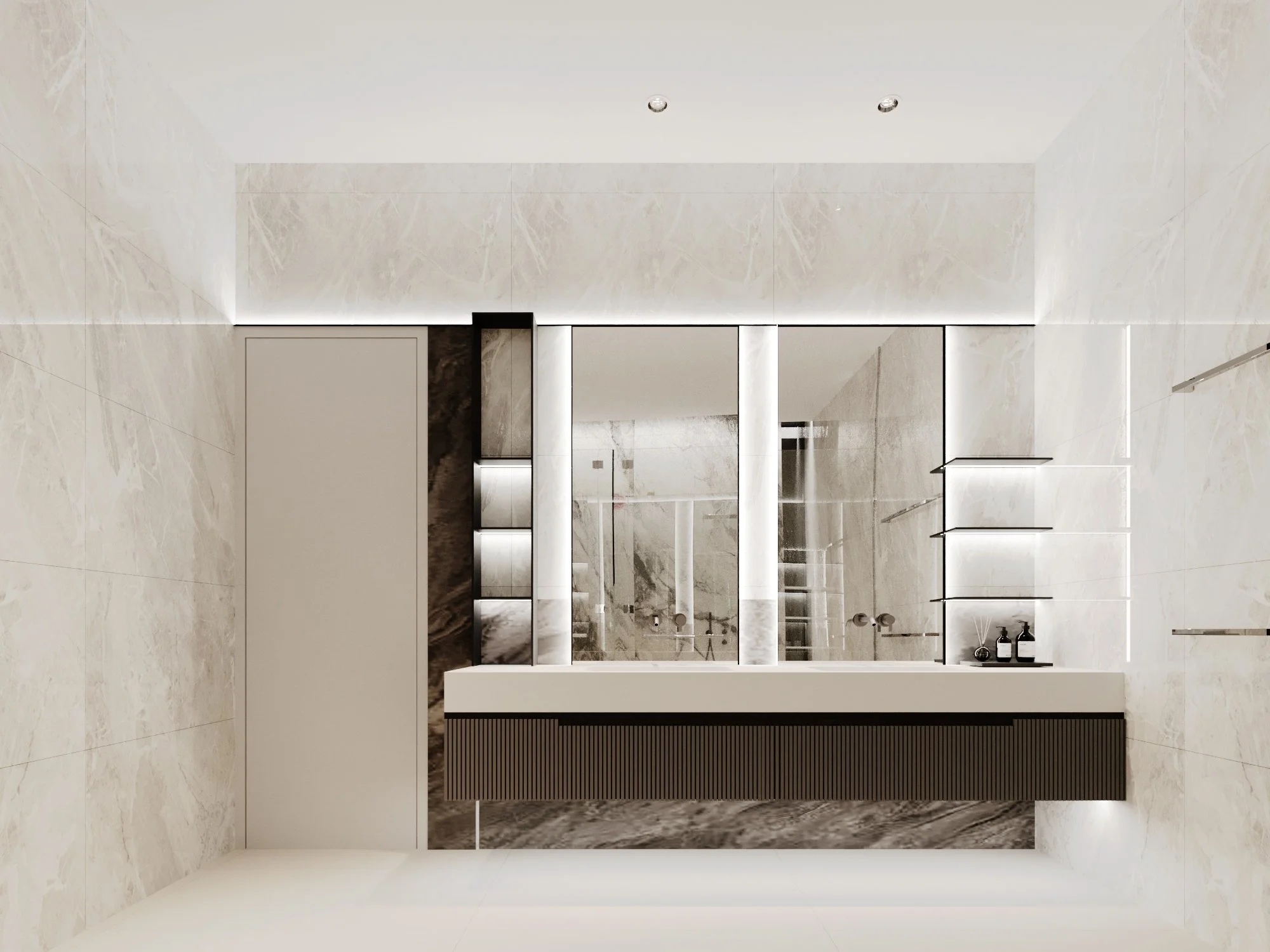 Modern bathroom with a large mirror, floating vanity, open shelving, marble walls and floors, and minimalist design.