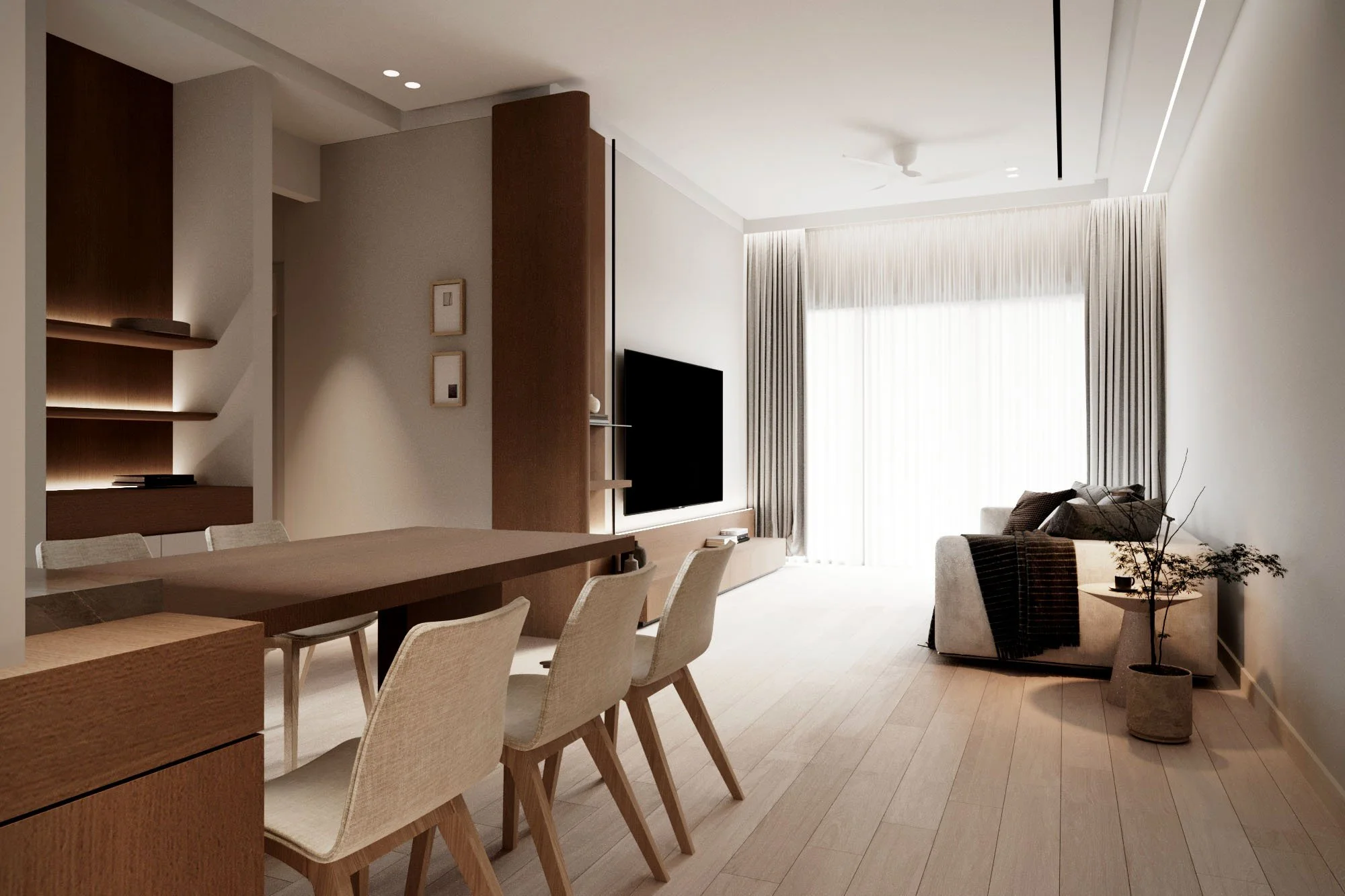 Modern living room with dining area, light wood flooring, beige chairs around a wooden dining table, a sofa with cushions near large window with sheer curtains, wall-mounted TV, and minimal decor.