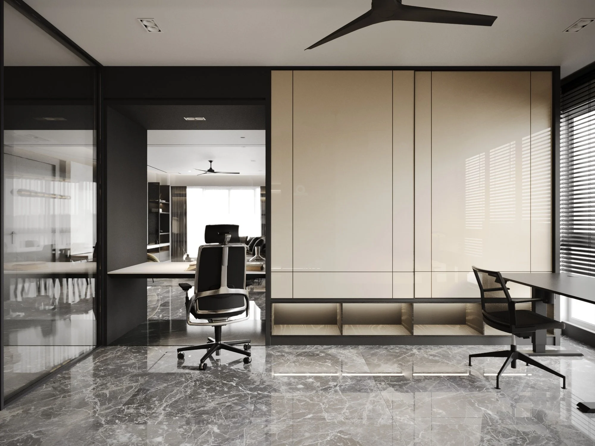 Modern office space with marble flooring, black and beige furniture, and large windows with blinds.