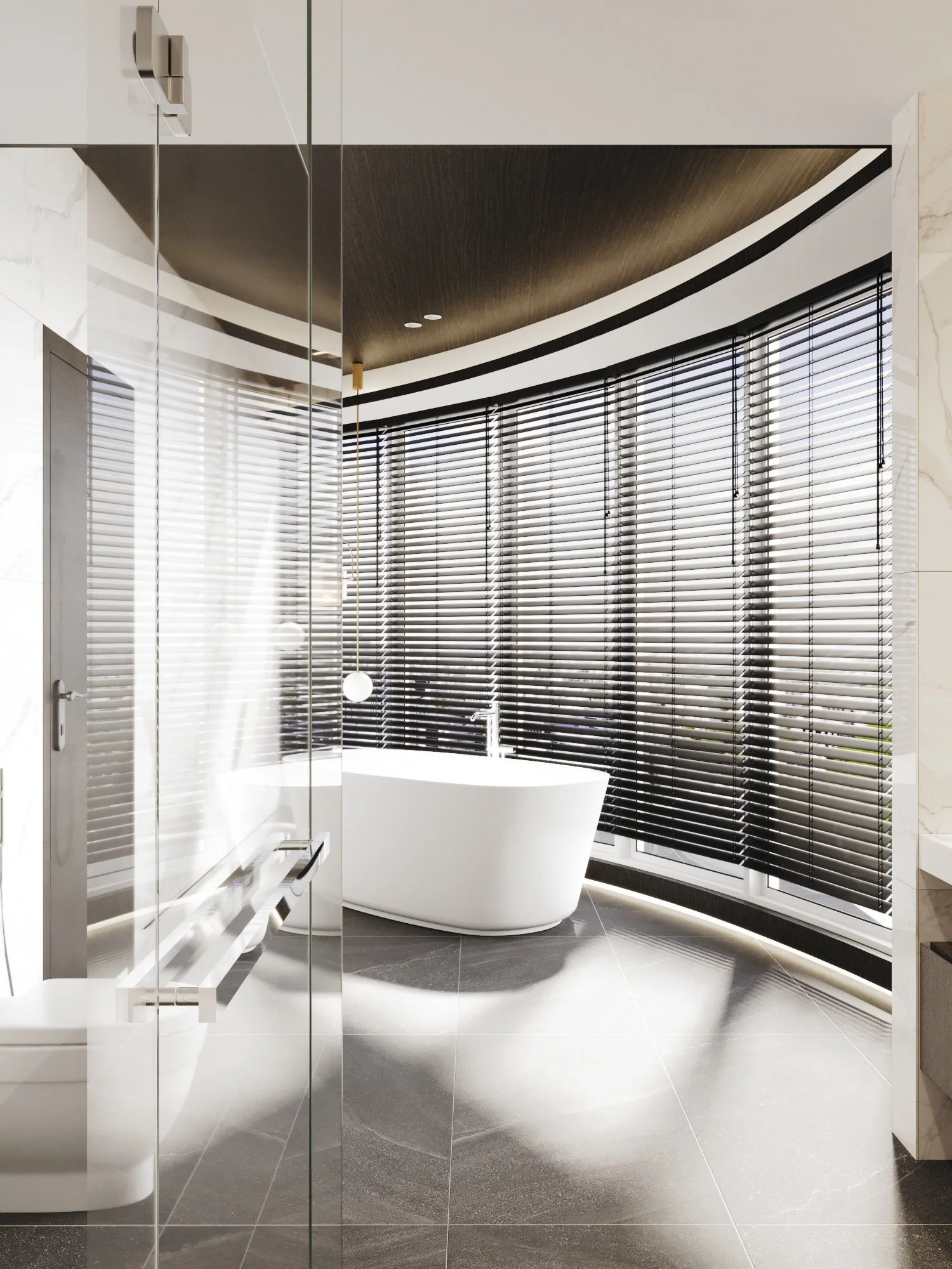 Modern bathroom featuring a white freestanding bathtub near large windows with horizontal black blinds, black tiling on the floor, and a curved ceiling with built-in lighting.