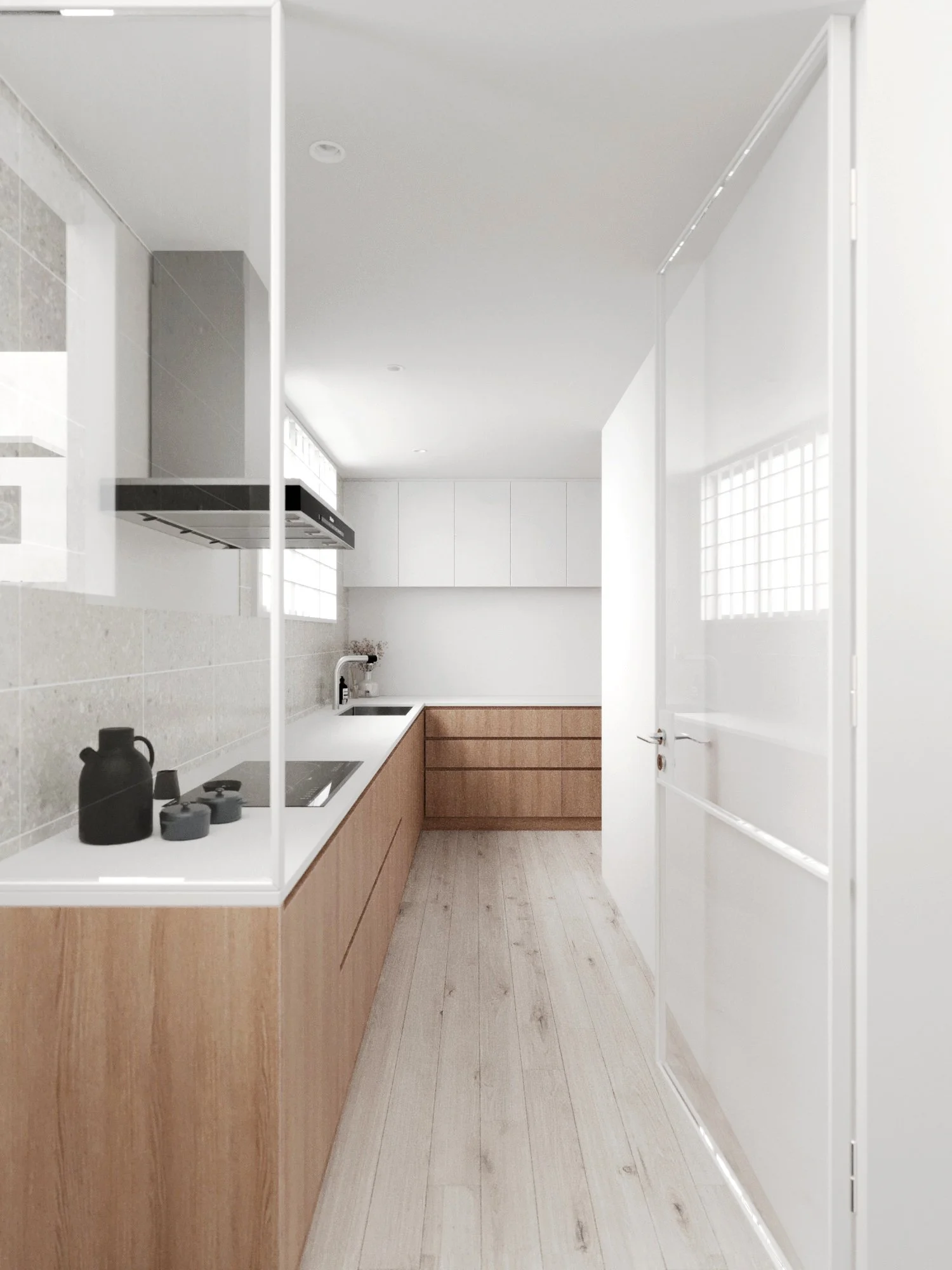 Modern kitchen with wooden cabinets, a white countertop, and a white door with a glass panel.