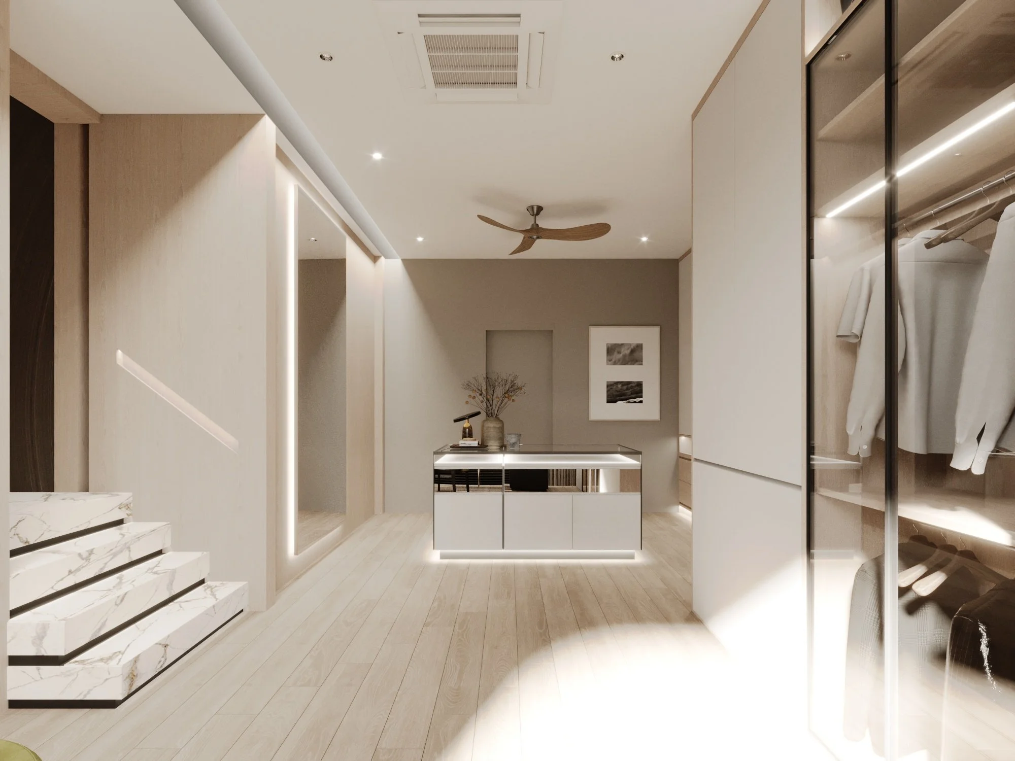 Modern walk-in closet with glass doors, hanging clothes, light wood flooring, and a minimalist vanity with drawers, white walls, and ceiling lighting.
