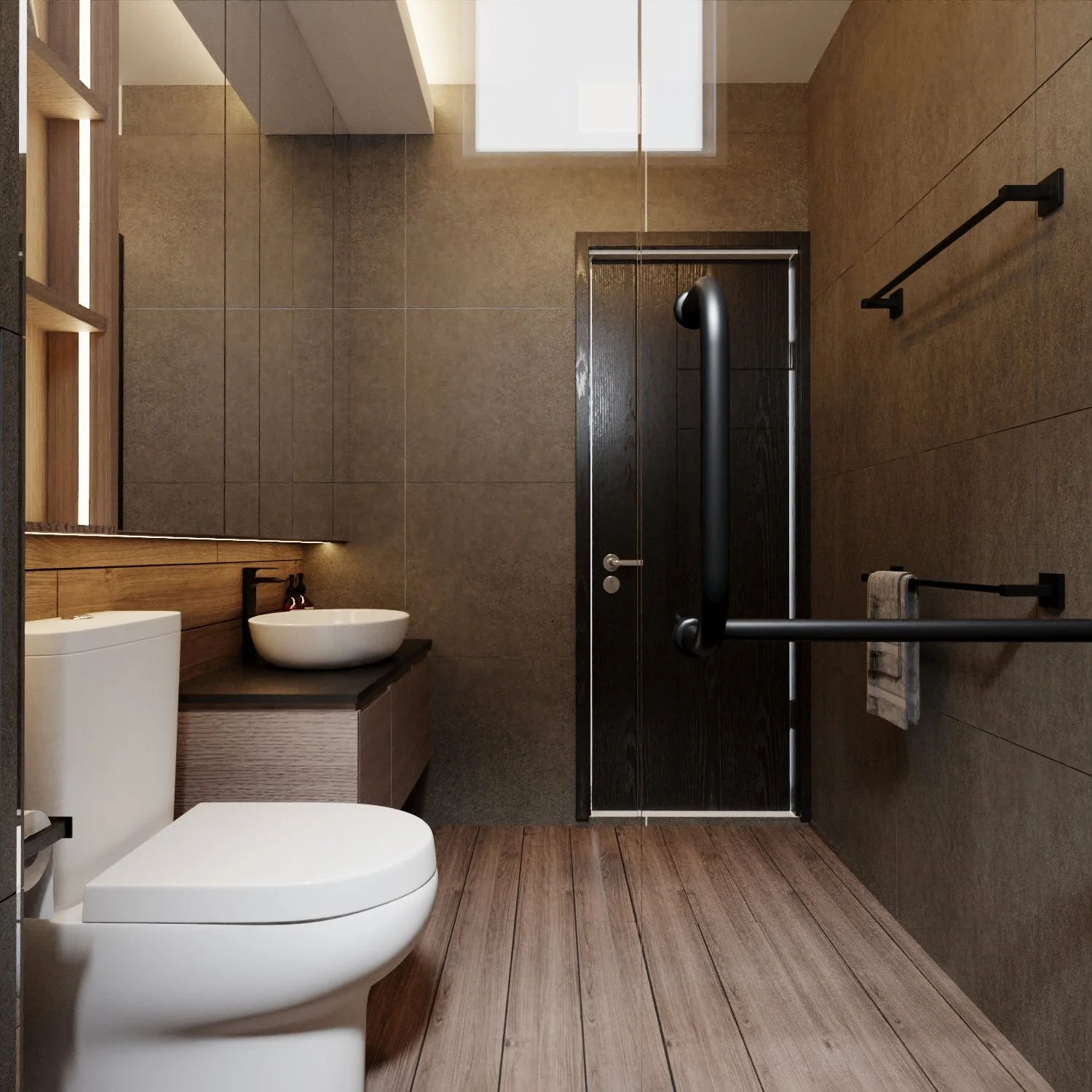 Modern bathroom with wood accents, gray tiled walls, white toilet, black handrails, and a vessel sink on a black countertop, illuminated by natural light from a window.