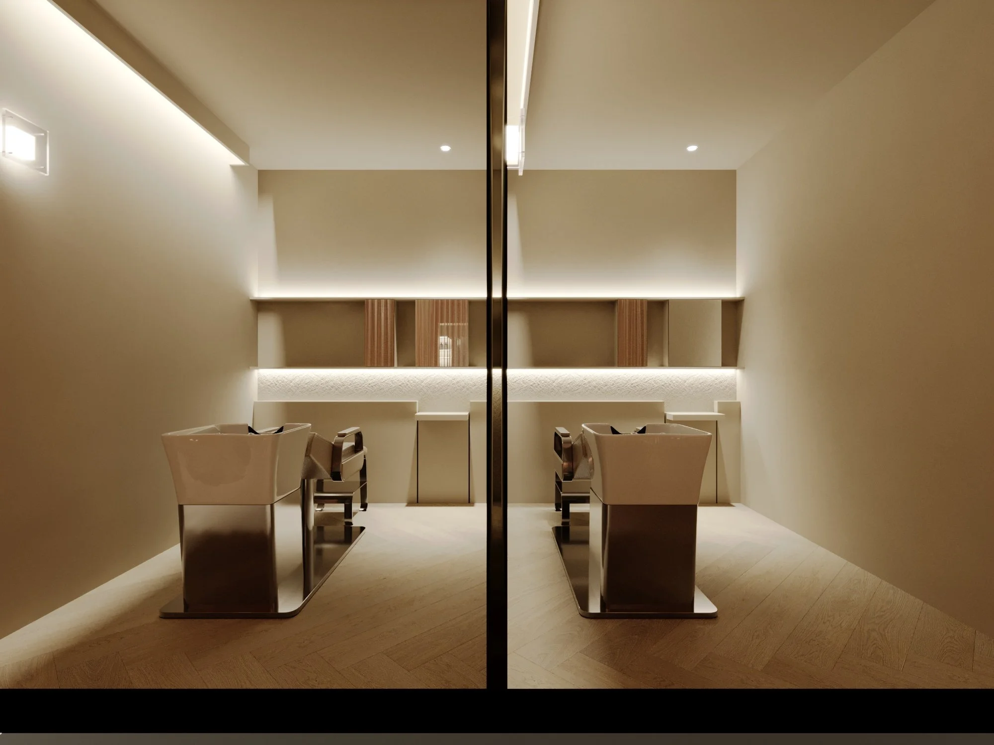 Minimalist interior with beige walls, two modern chairs, and a symmetrical design reflected in a mirror or glass panel.