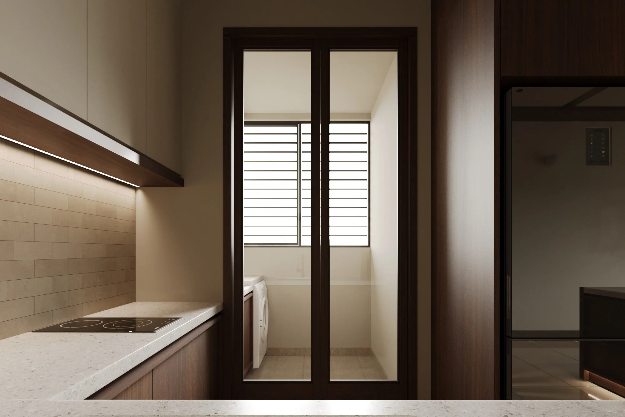 Modern kitchen with beige countertops, dark wooden cabinets, and a glass sliding door leading to a laundry area with a washing machine and windows with horizontal blinds.