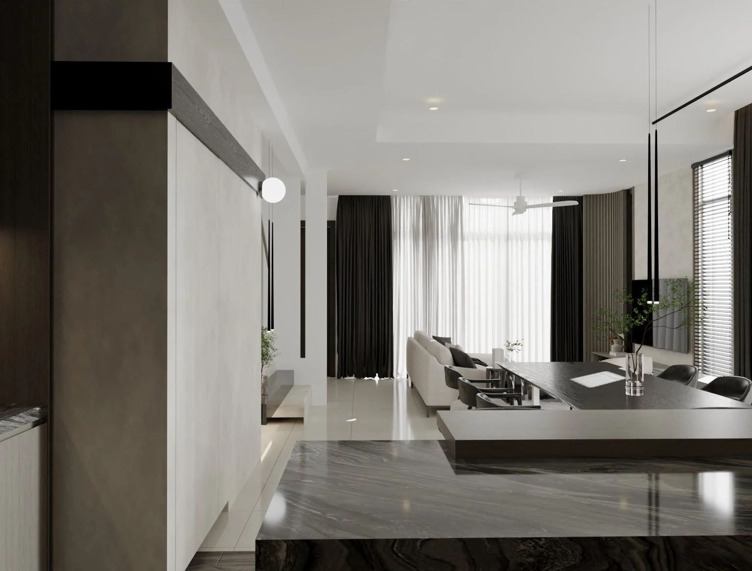 Modern open-concept living and dining area with white sofa, black chairs around a dining table, large windows with blinds, and black and white decor.
