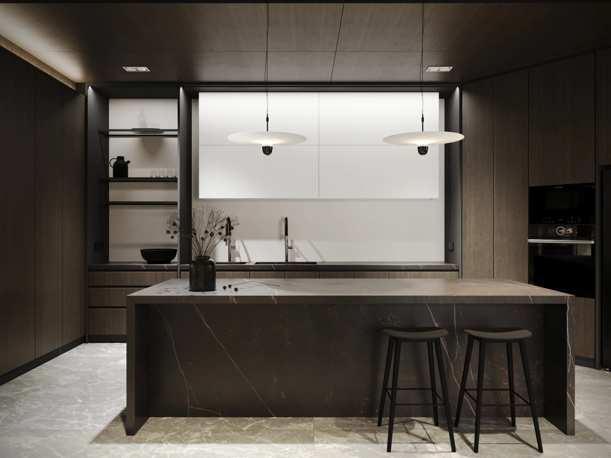 Modern kitchen with dark wood cabinets, a black marble island with two black stools, white upper cabinets, and a black countertop with a black vase and dried flowers.