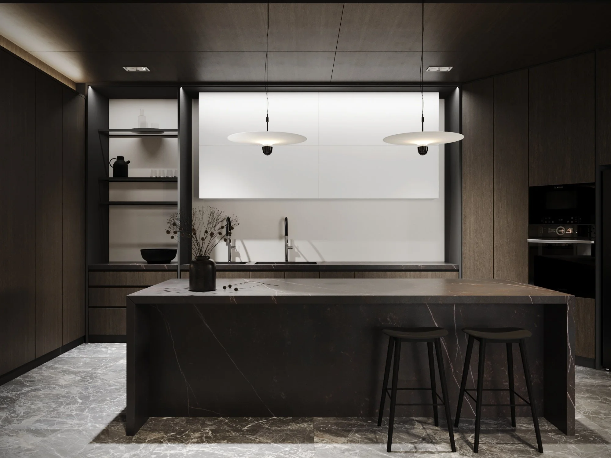 Modern kitchen with dark wood cabinets, a black marble island with two black bar stools, a white backsplash, pendant lights, and open shelves with decorative items.