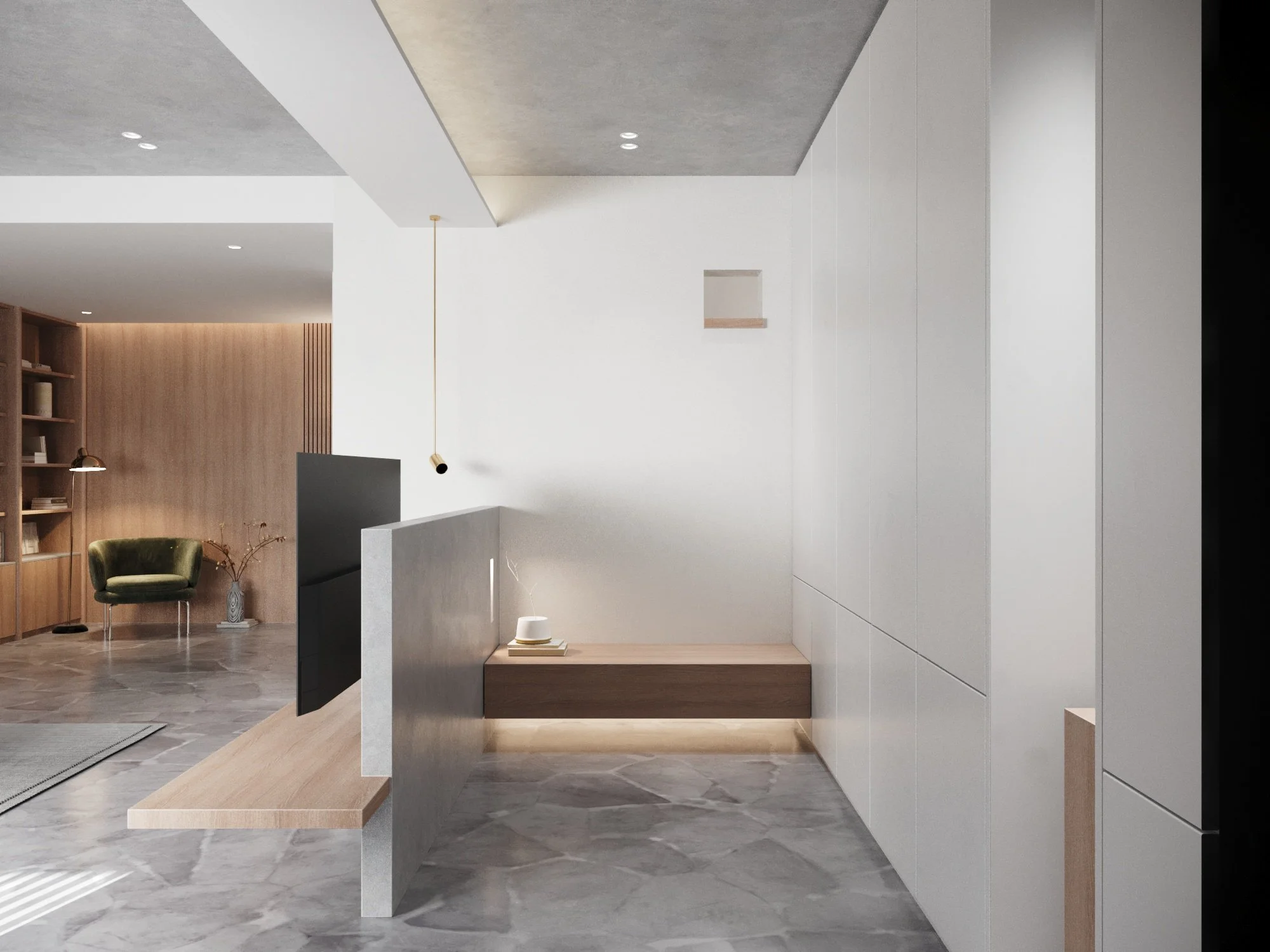 Modern minimalist interior with white walls, wooden accents, and marble flooring, featuring a green armchair, a shelving unit, and a small table with a vase.