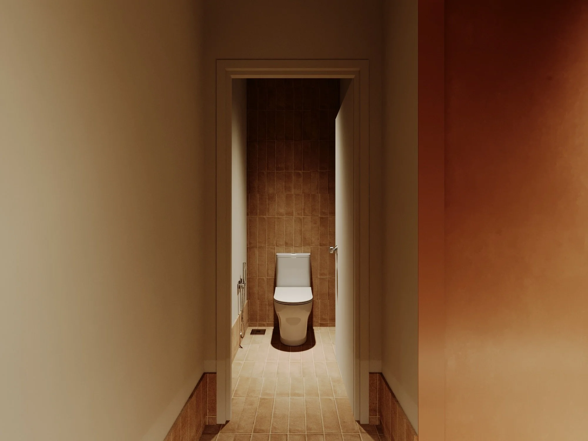 Bathroom with a toilet, brown tiled wall, beige tiled floor, and doorway leading into the room.