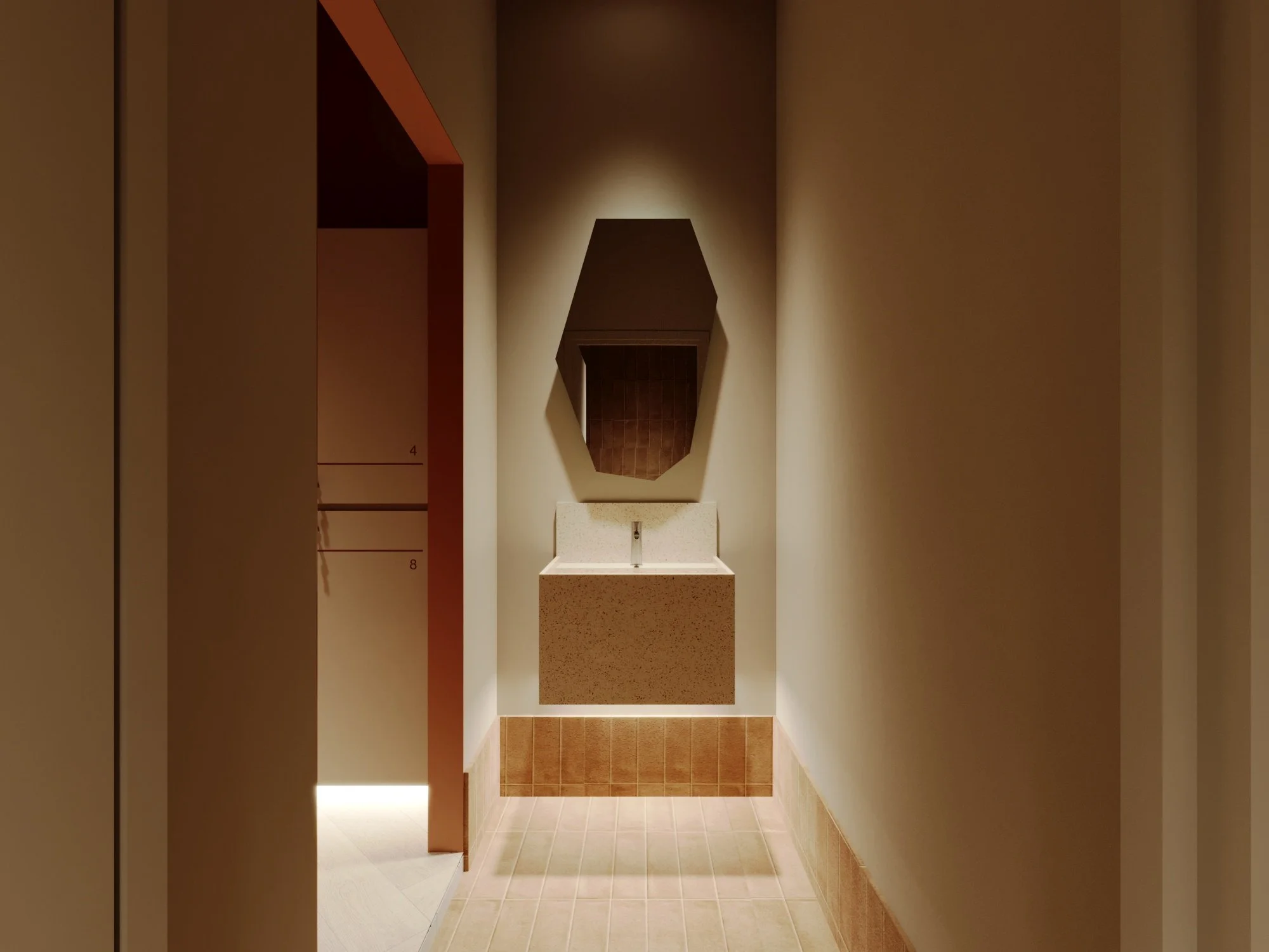 Small bathroom with beige tiled floor, white walls, a small white sink with a speckled beige cabinet beneath it, a hexagonal mirror above the sink, and a brown recessed wall cabinet on the left.