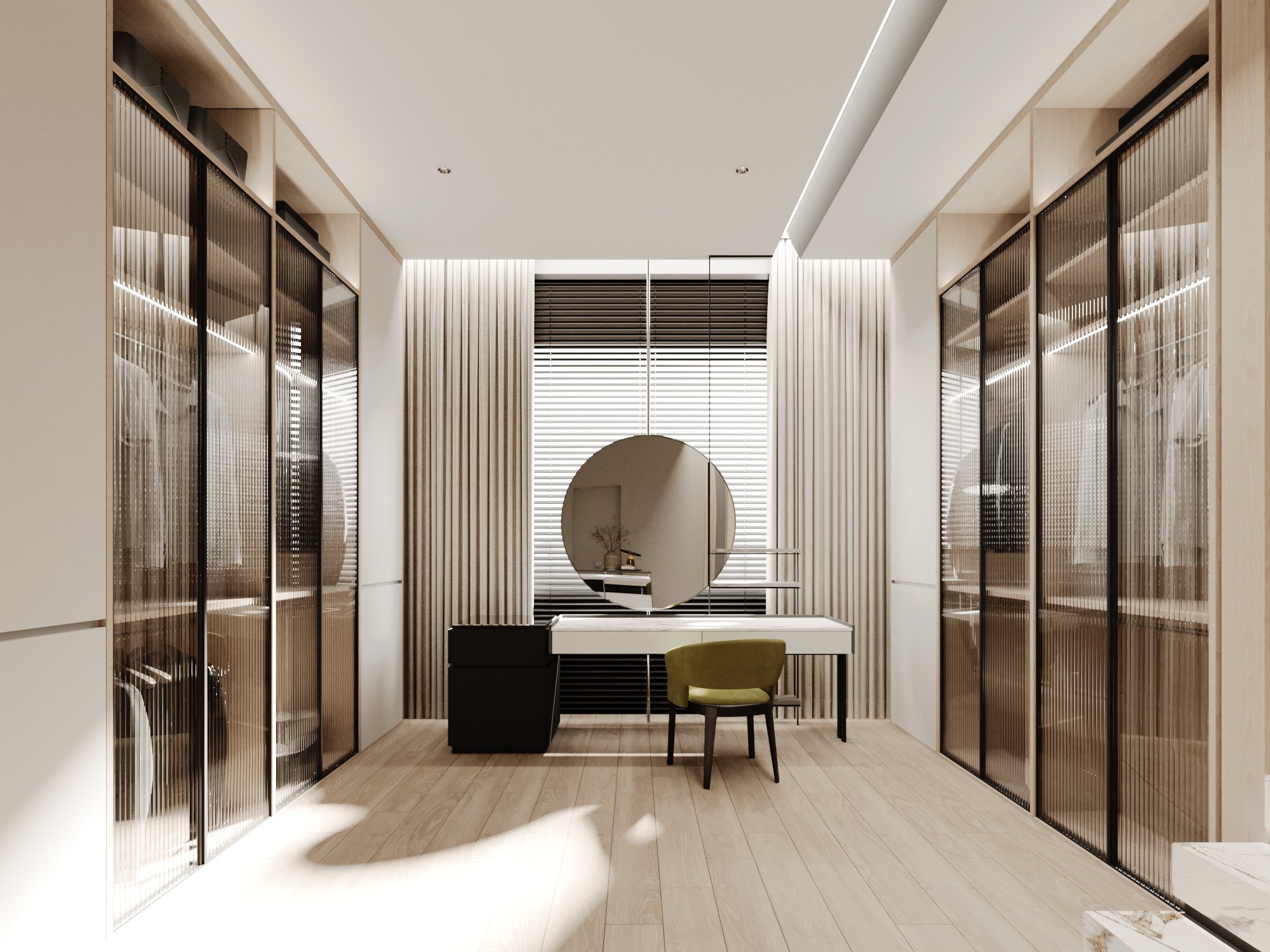 Modern minimalist room with a desk, green chair, mirrored round wall decor, and glass cabinets with sliding doors.