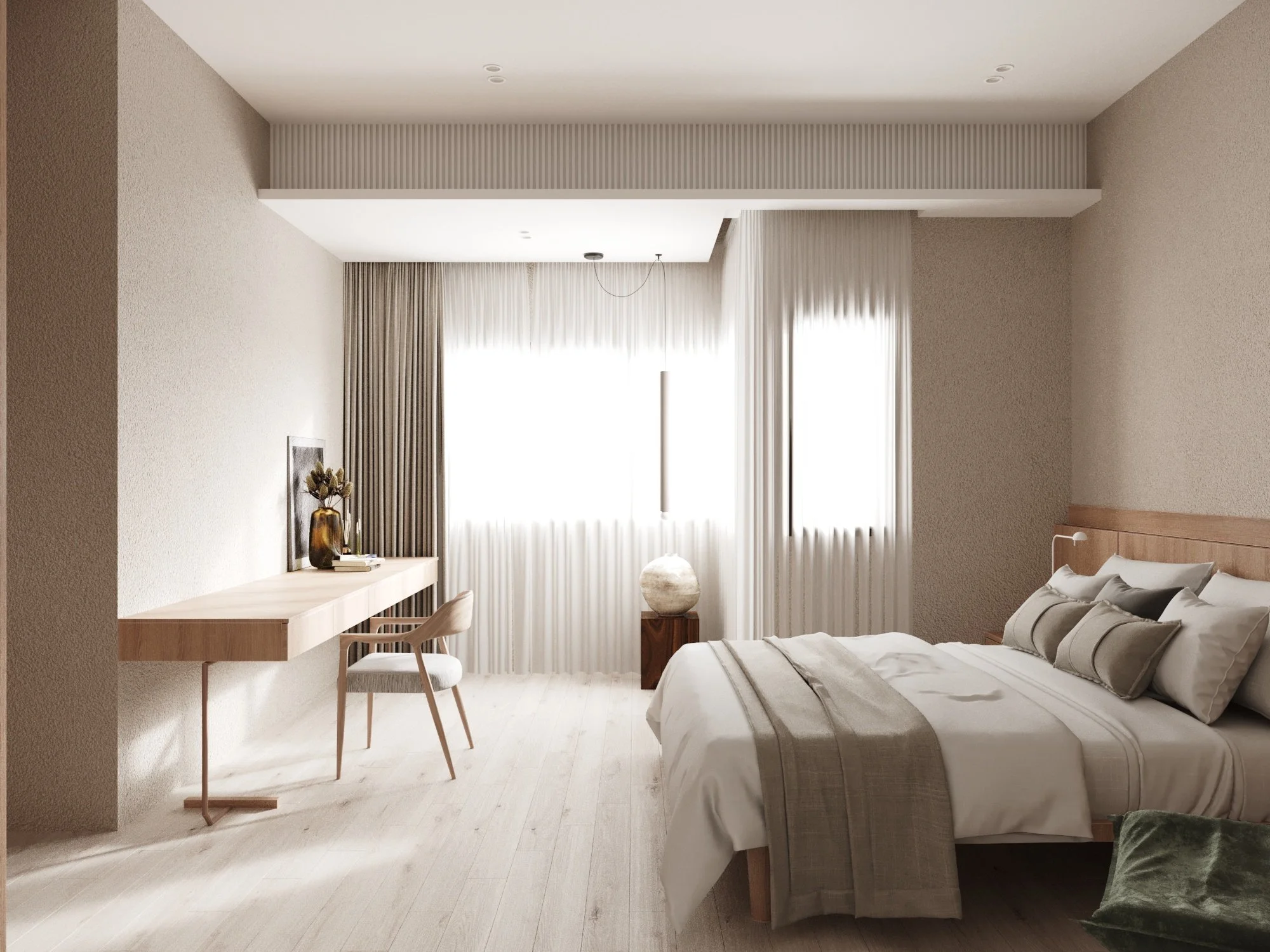 A modern, minimalist bedroom with a large bed, light-colored bedding, wooden headboard, and multiple pillows. There is a desk with a chair and decorative items, and large windows with light curtains allowing natural light to fill the room.