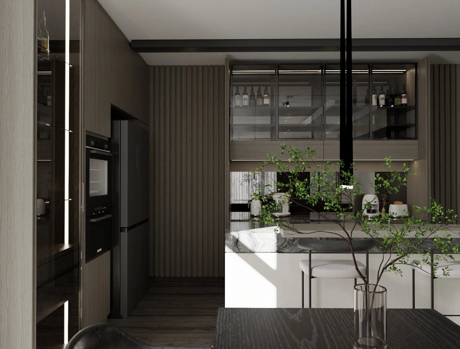 Modern kitchen with grey wood-paneled walls, black and white marble countertops, a glass-front cabinet, and a potted green plant on the dining table.