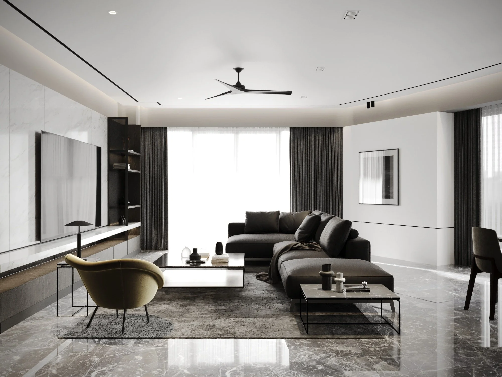Modern living room with a gray sofa, art pieces, coffee tables, curtains, and a ceiling fan.