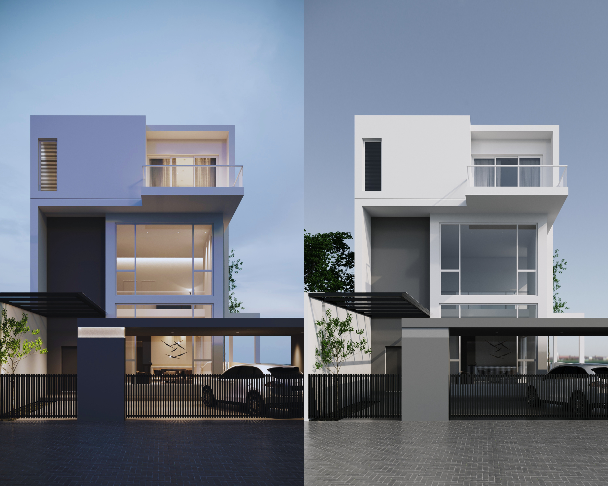 Modern multi-story house with large glass windows, a balcony, and a black fence, shown in lighting from dusk on the left and daylight on the right.