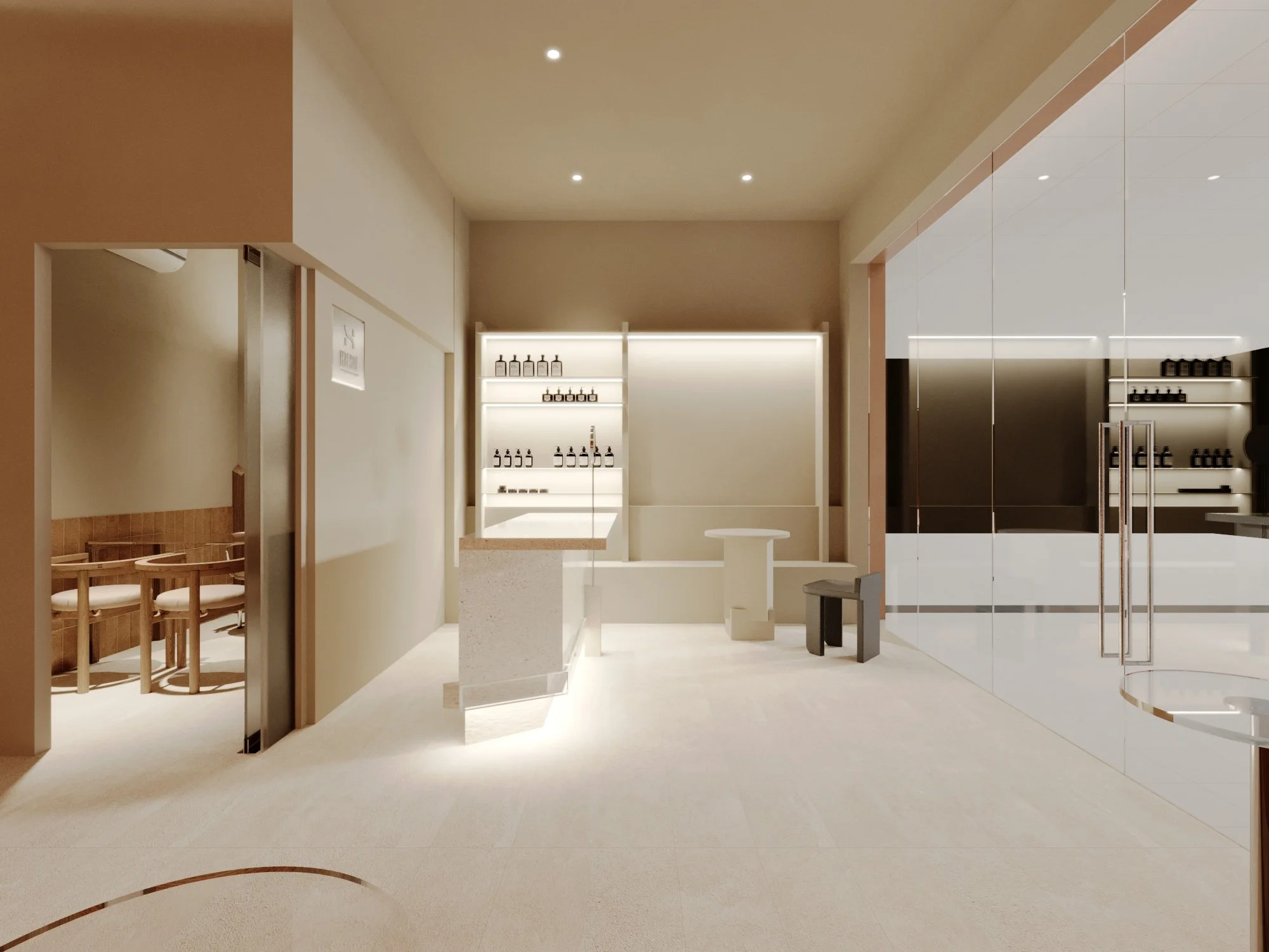 Modern interior space with a small counter and shelves displaying bottles, a curiosity table, and seating area visible through a doorway to the left. The space features a minimalist design with neutral colors, clean lines, and soft lighting.