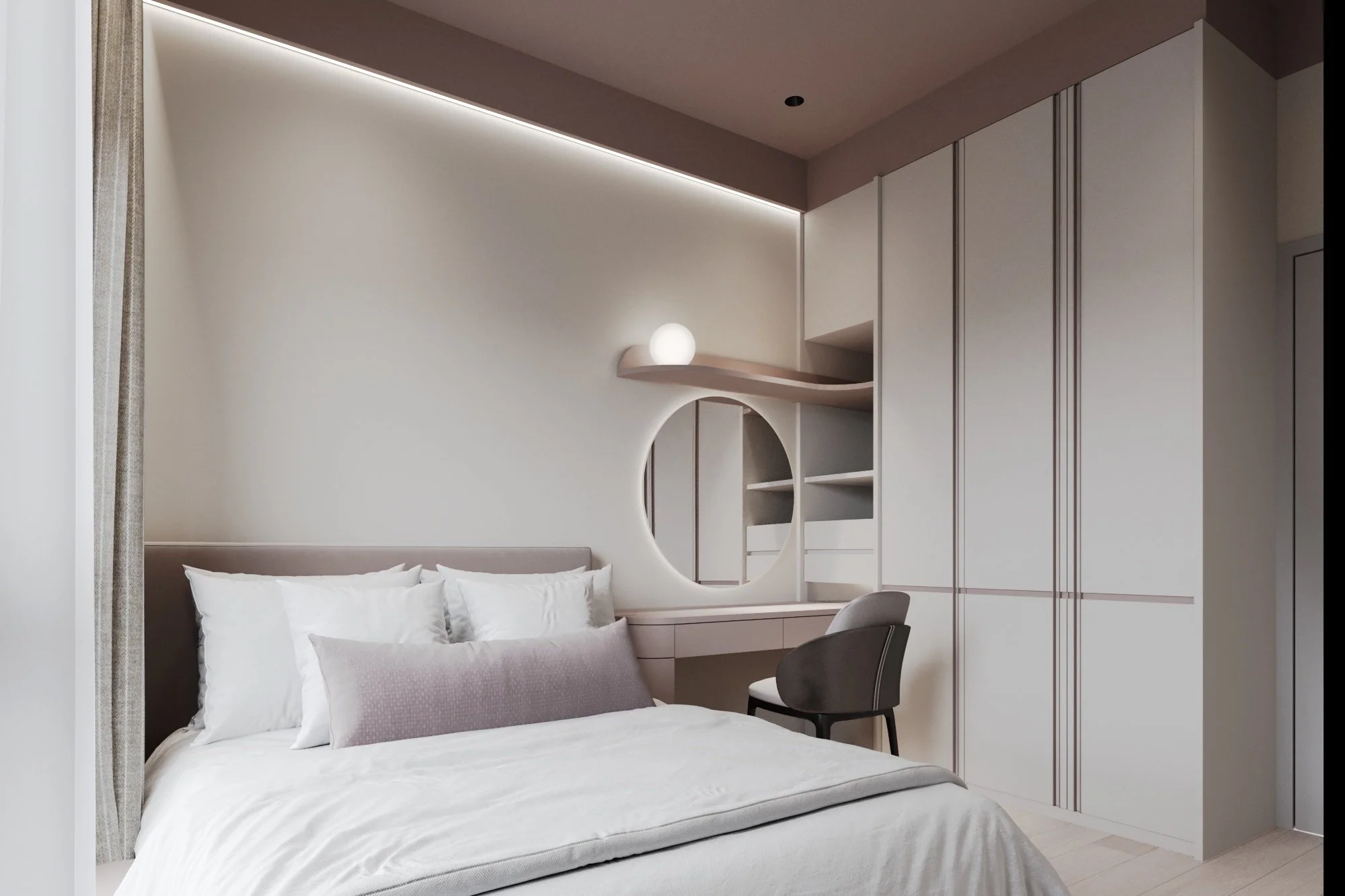 Minimalist bedroom with a large bed, white bedding, and a lavender pillow, a modern grey chair, built-in cabinets, a circular mirror, a floating shelf with a globe-shaped light, and soft ambient lighting.