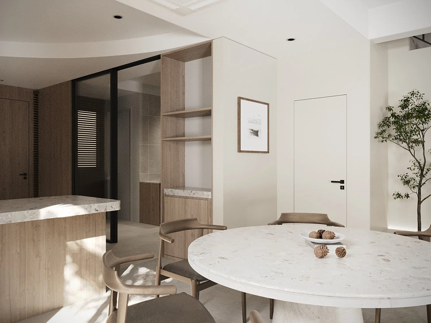 Modern dining area with a round marble table, beige chairs, a bowl of decorative pinecones, a white wall, a framed picture, and a large potted plant.