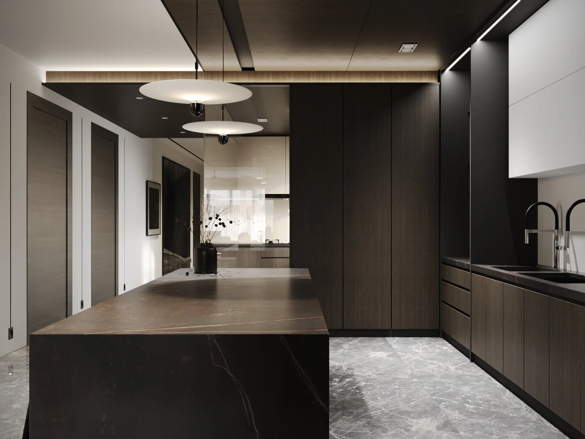 Modern kitchen with dark wood cabinets, a large marble island, black sink and faucet, and contemporary lighting fixtures.