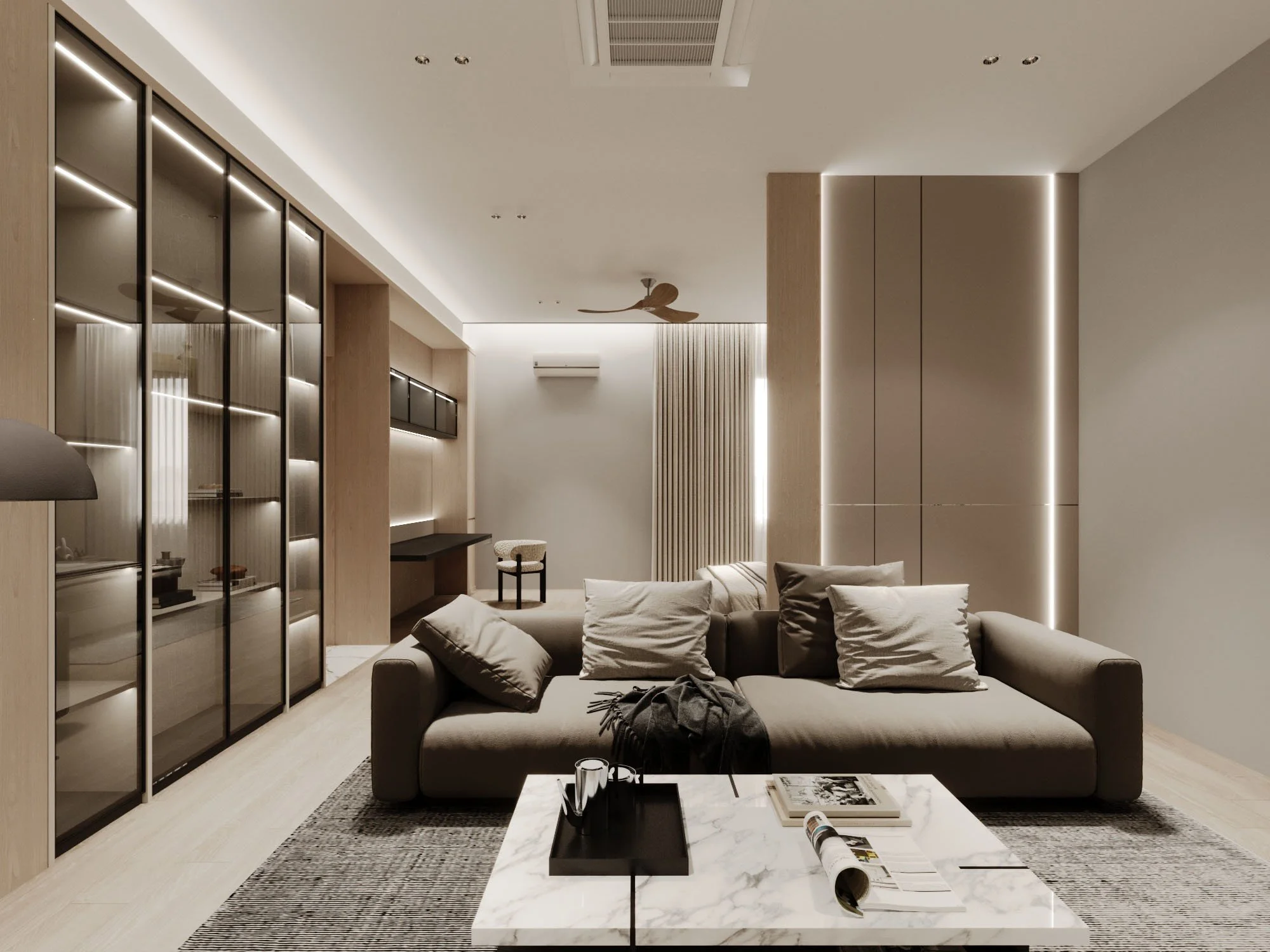 Modern living room with beige sofa, pillows, marble coffee table, and built-in storage with glass doors, accented with ambient lighting, wood accents, and ceiling fan.