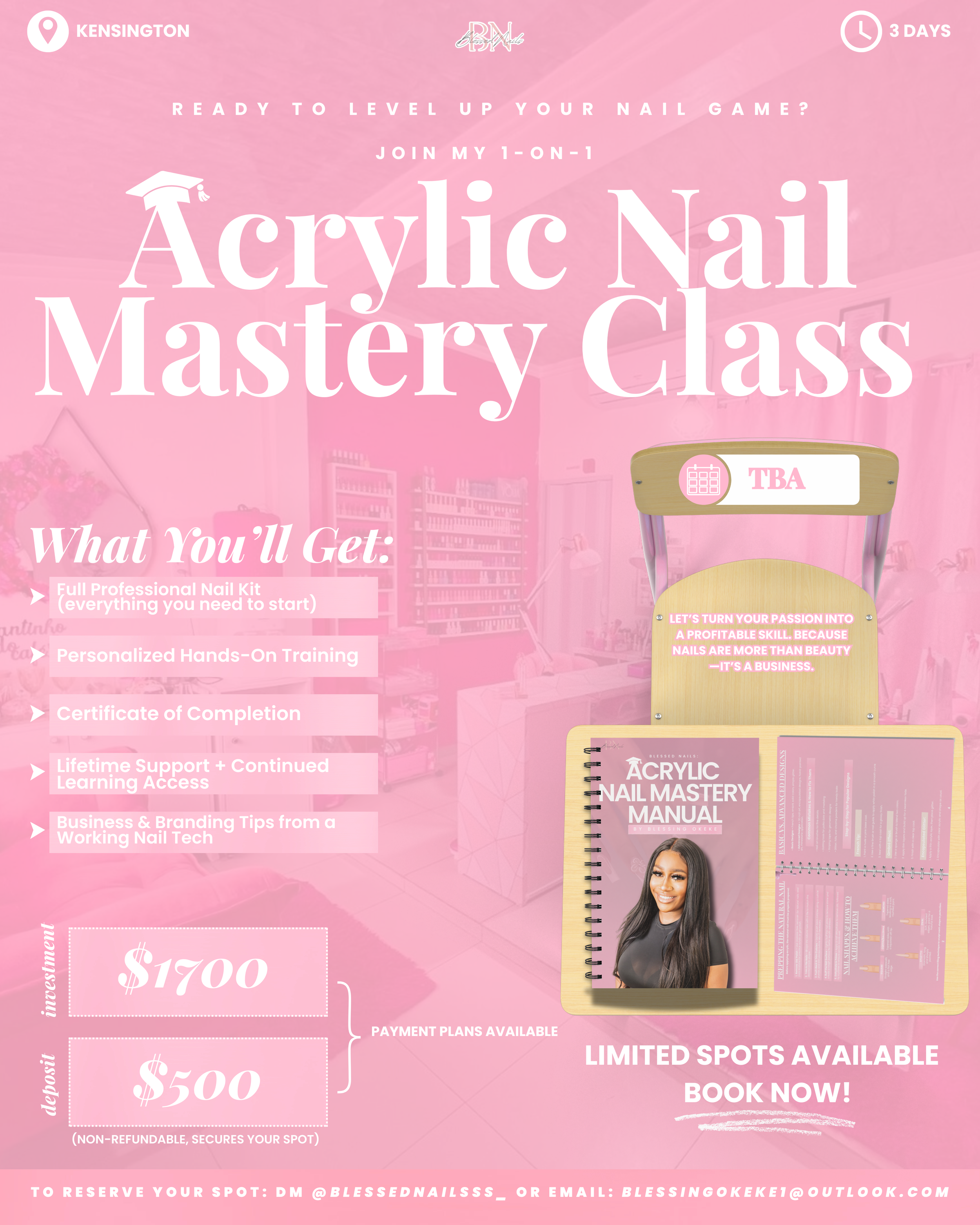 Pink promotional flyer for Acrylic Nail Mastery Class with details on what is included, investment costs, and booking contact information.