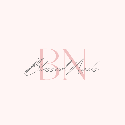 Logo with large pink letters 'BMN' and the words 'Blessed Nails' written in script over the letters, on a light pink background.